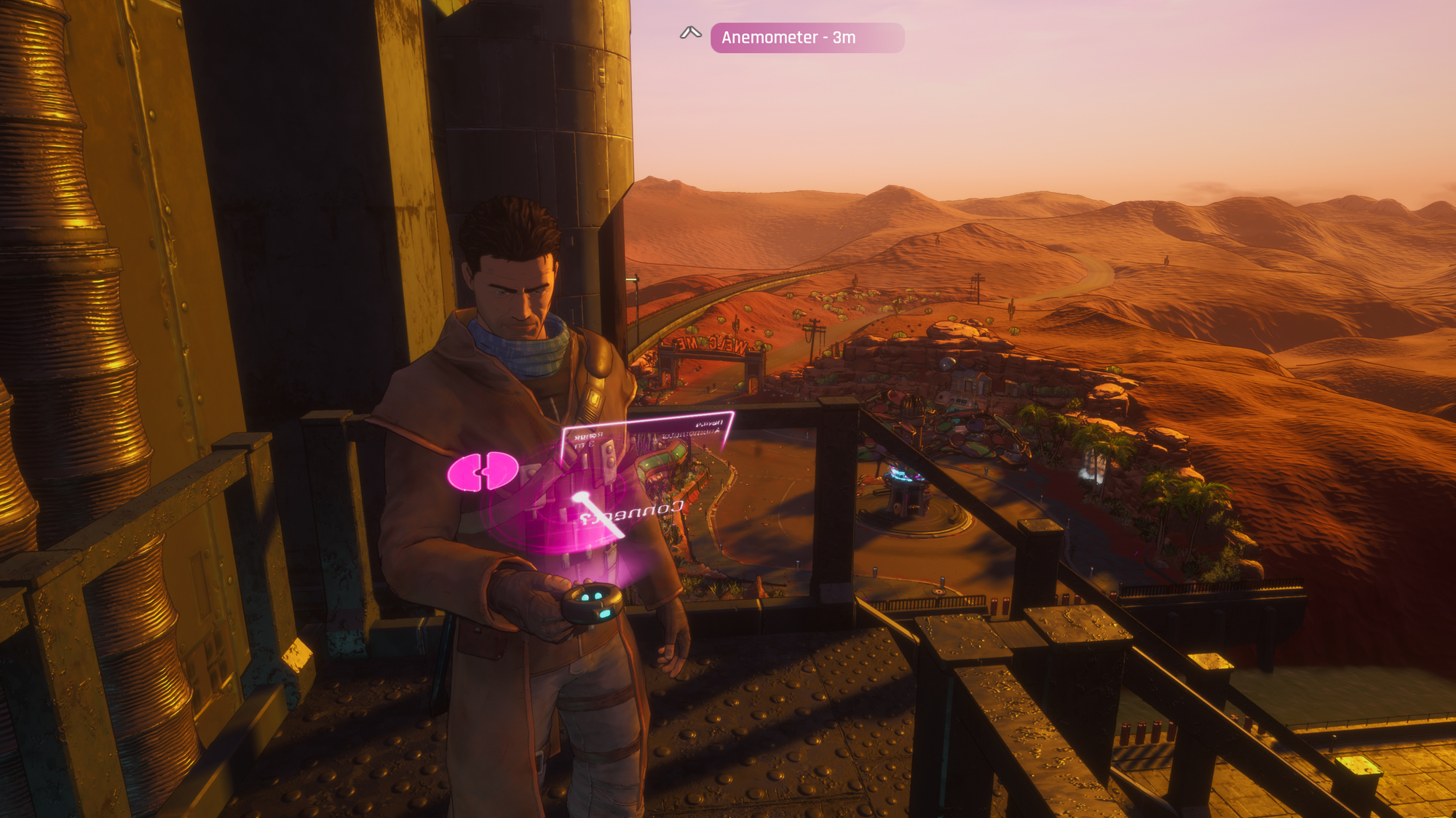 Mężczyzna na wieży obserwuje miasto. Trzyma urządzenie z interfejsem. Krajobraz pustynny.