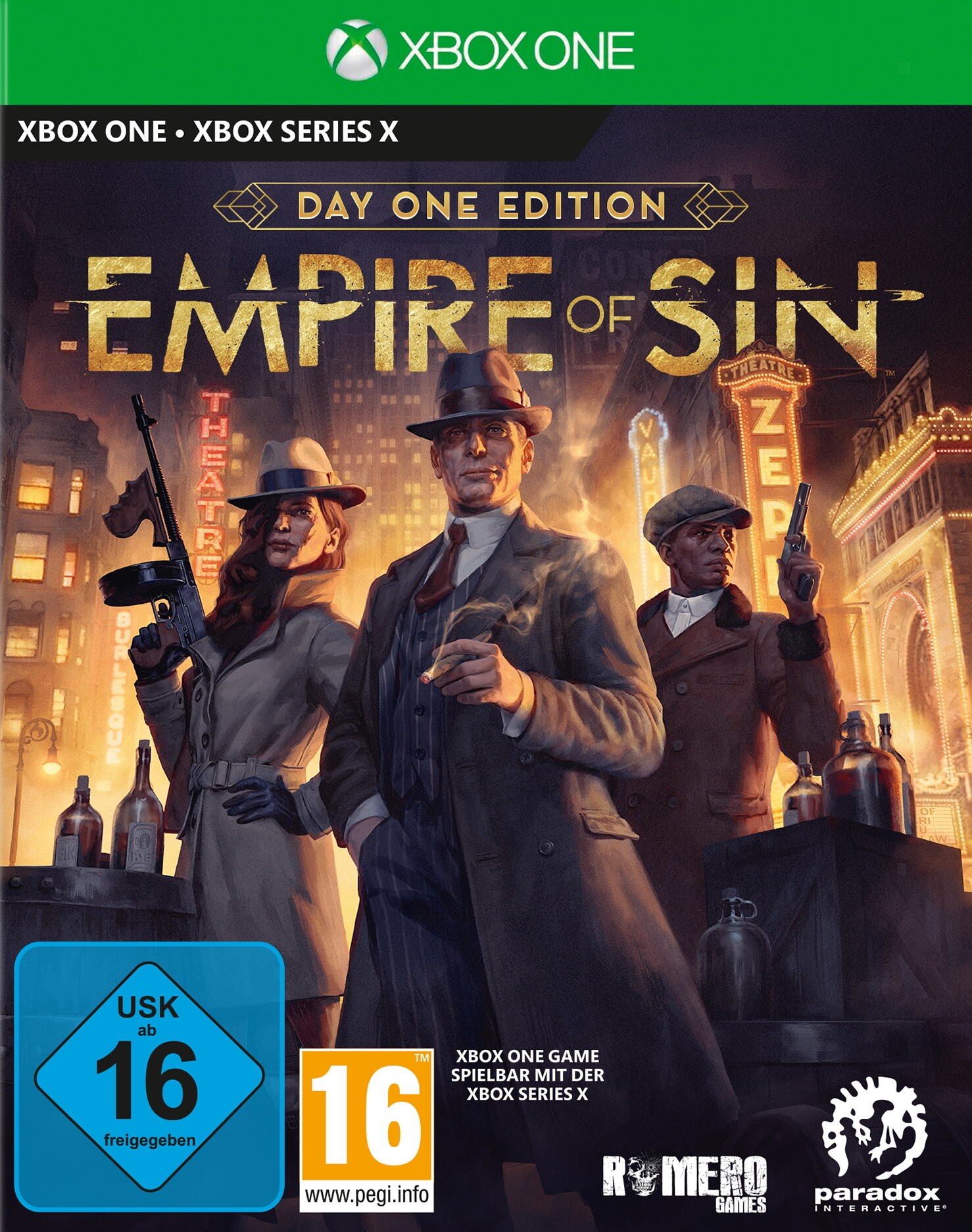 Okładka gry Empire of Sin. Trzy postacie stoją na ulicy nocą, z neonami.