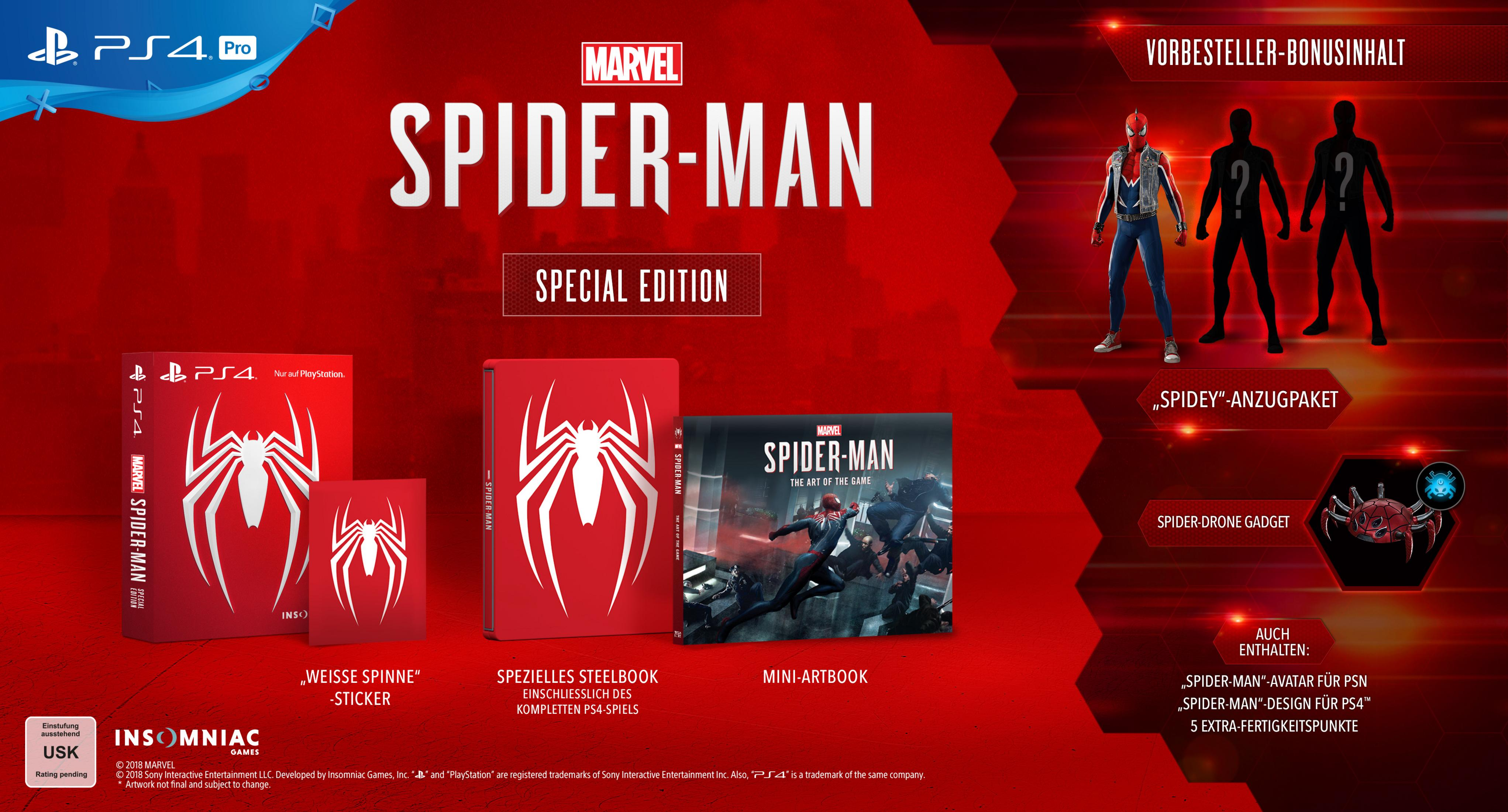 Spider-Man PS4 Spiel Special Edition Box-Set. Enthält Spiel, Aufkleber, Artbook und Bonusinhalt.