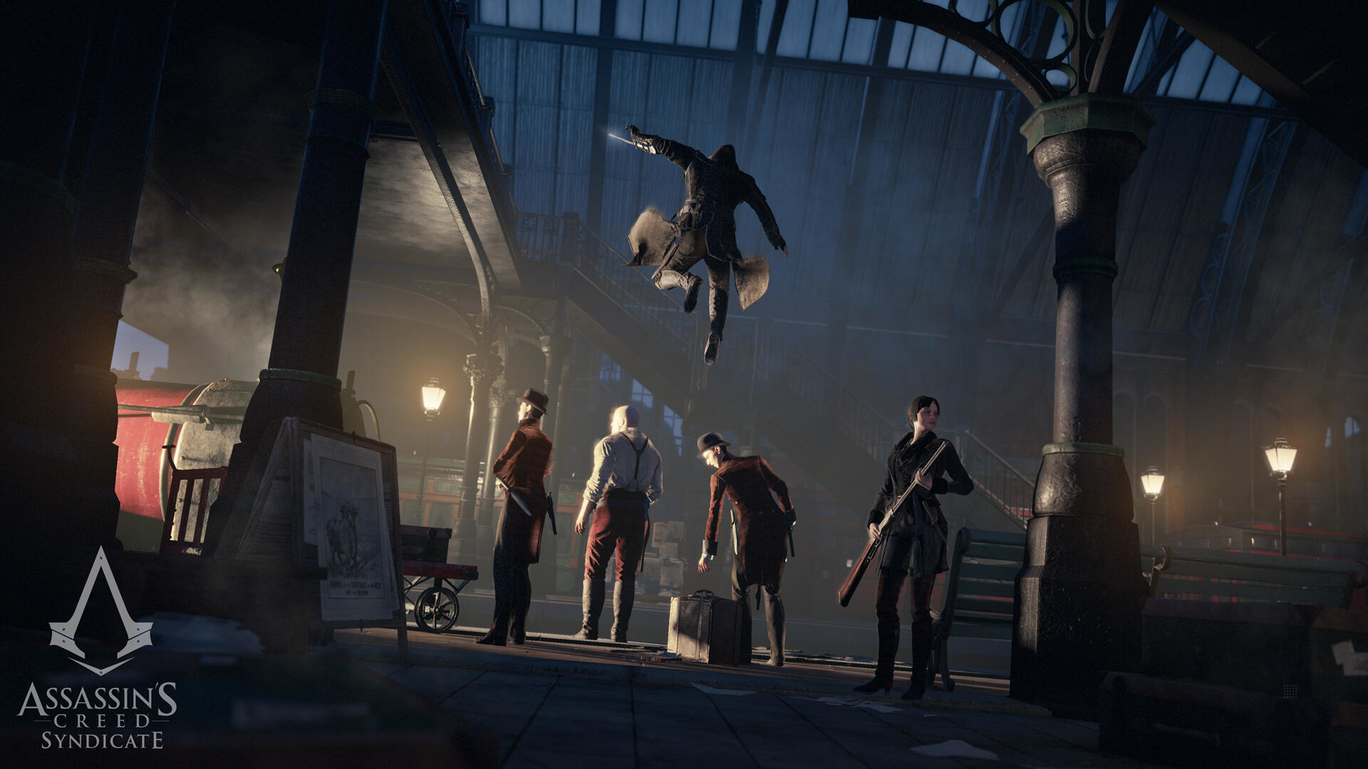 Assassin's Creed Syndicate. Postacie na dworcu kolejowym. Jedna skacze z bronią.
