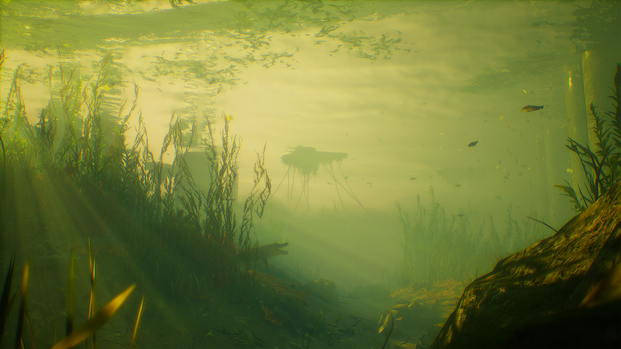 Scena podwodna. Zielona woda, rośliny i odległa struktura. Światło słoneczne prześwituje z góry.