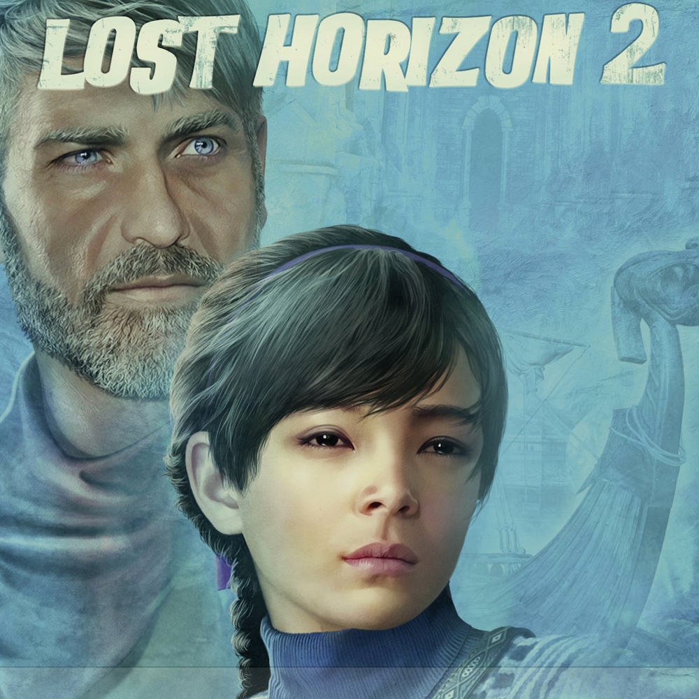 Copertina del gioco Lost Horizon 2. Un uomo e una bambina guardano lo spettatore, su sfondo blu.