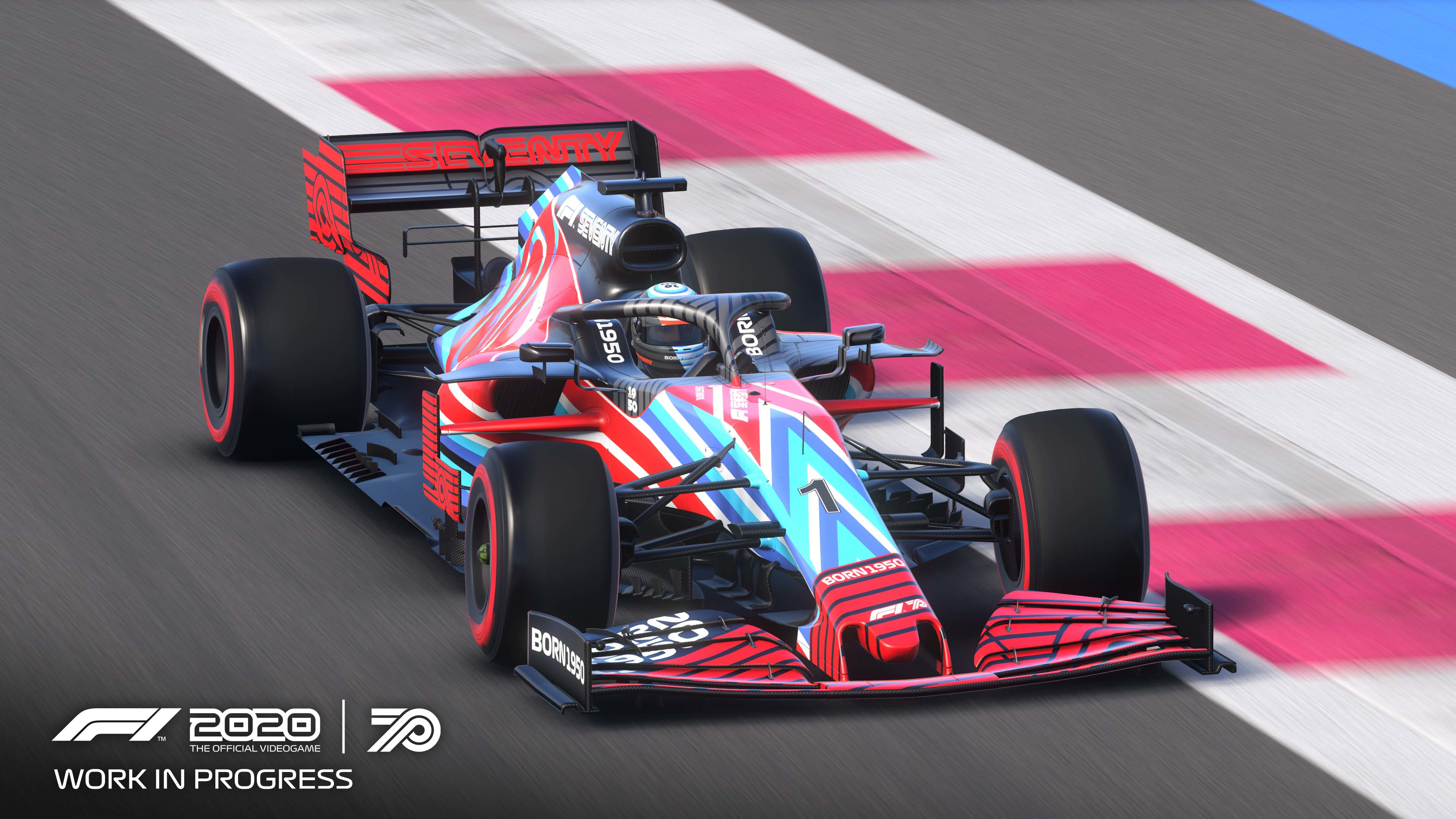 Auto da corsa F1 2020. Auto rossa, blu e bianca su una pista.