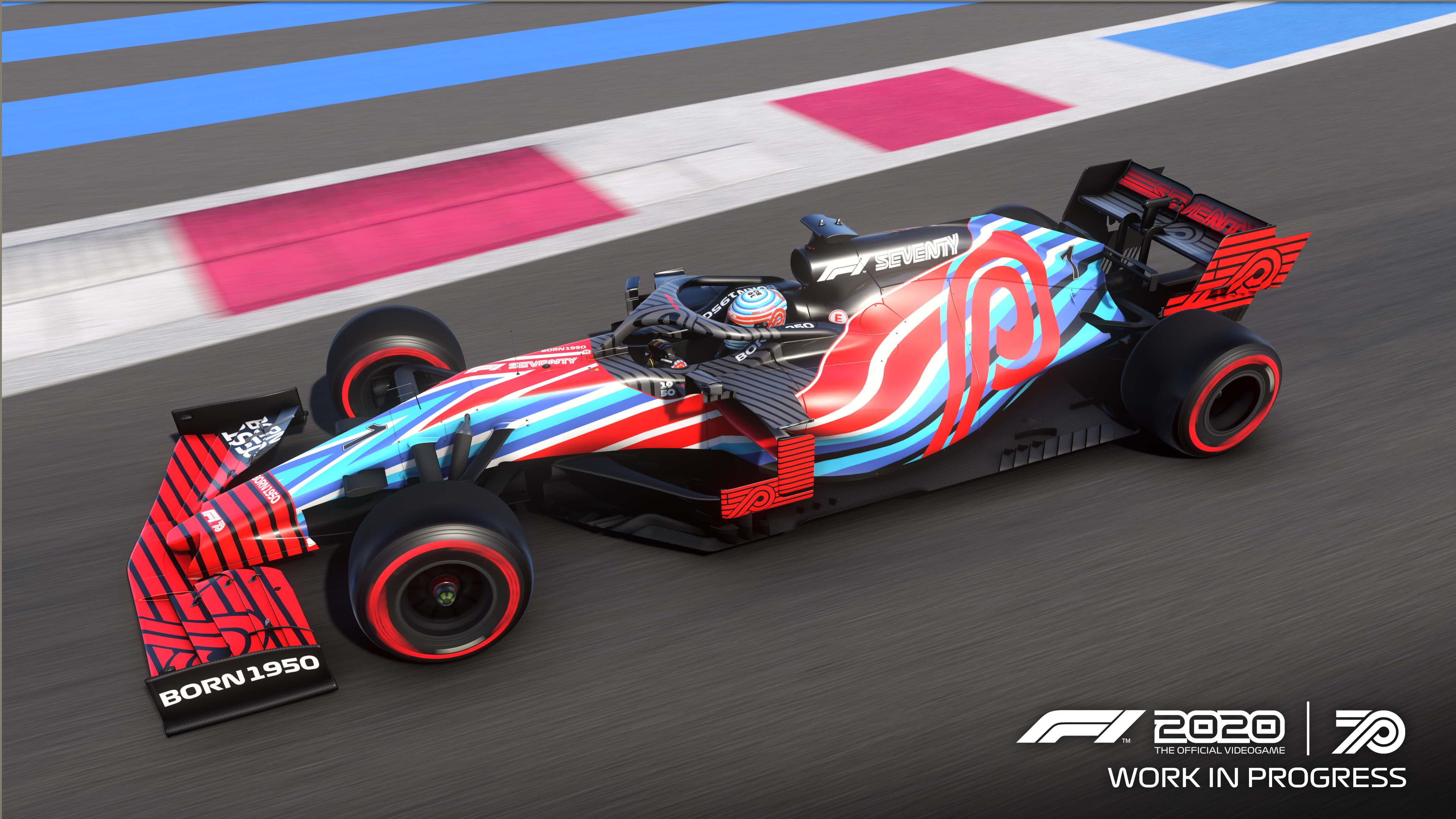 Auto da corsa di Formula 1 con un design blu e rosso unico, su una pista.