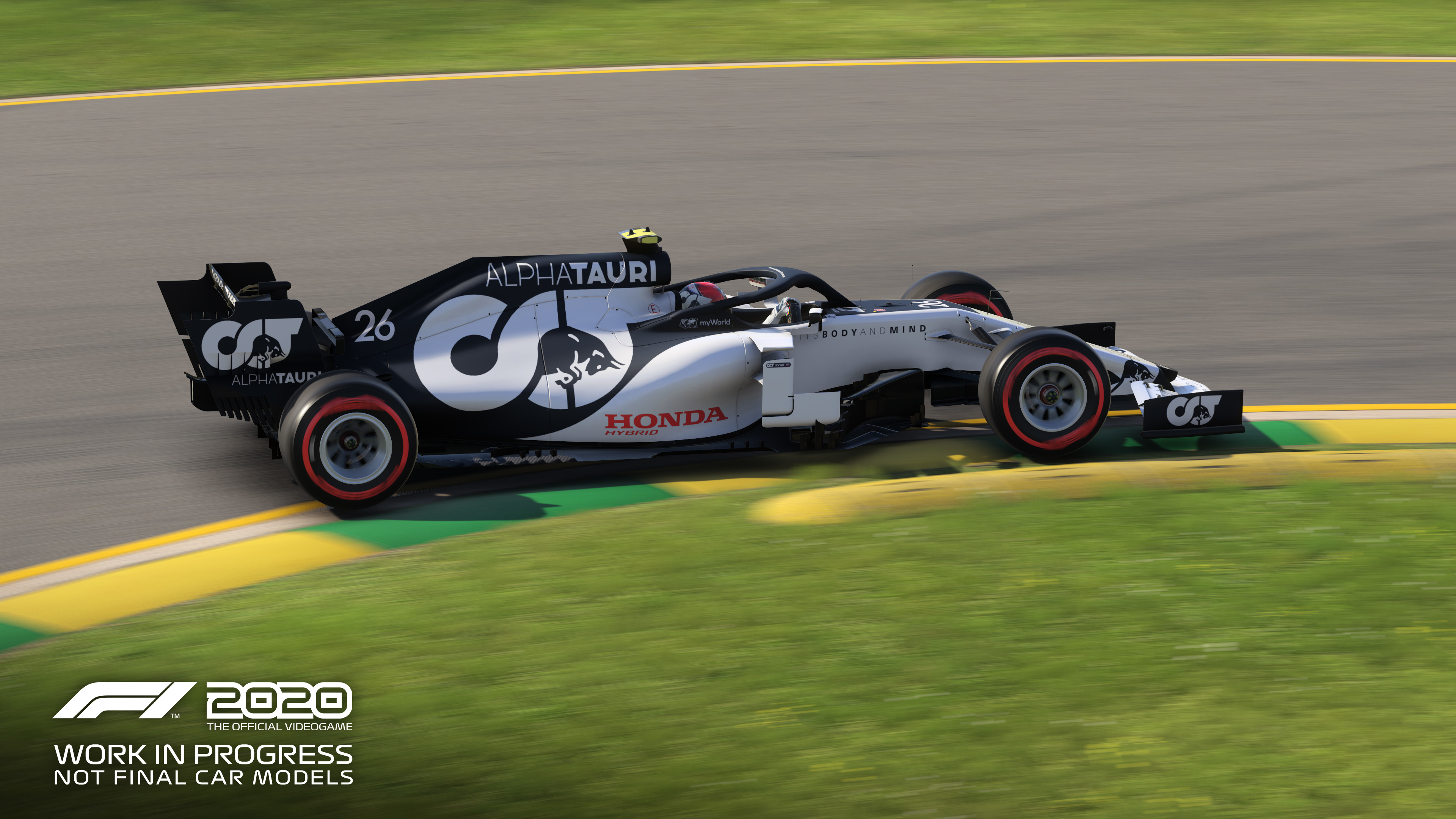 Auto da corsa F1 2020. Auto bianca con dettagli neri e rossi in pista.