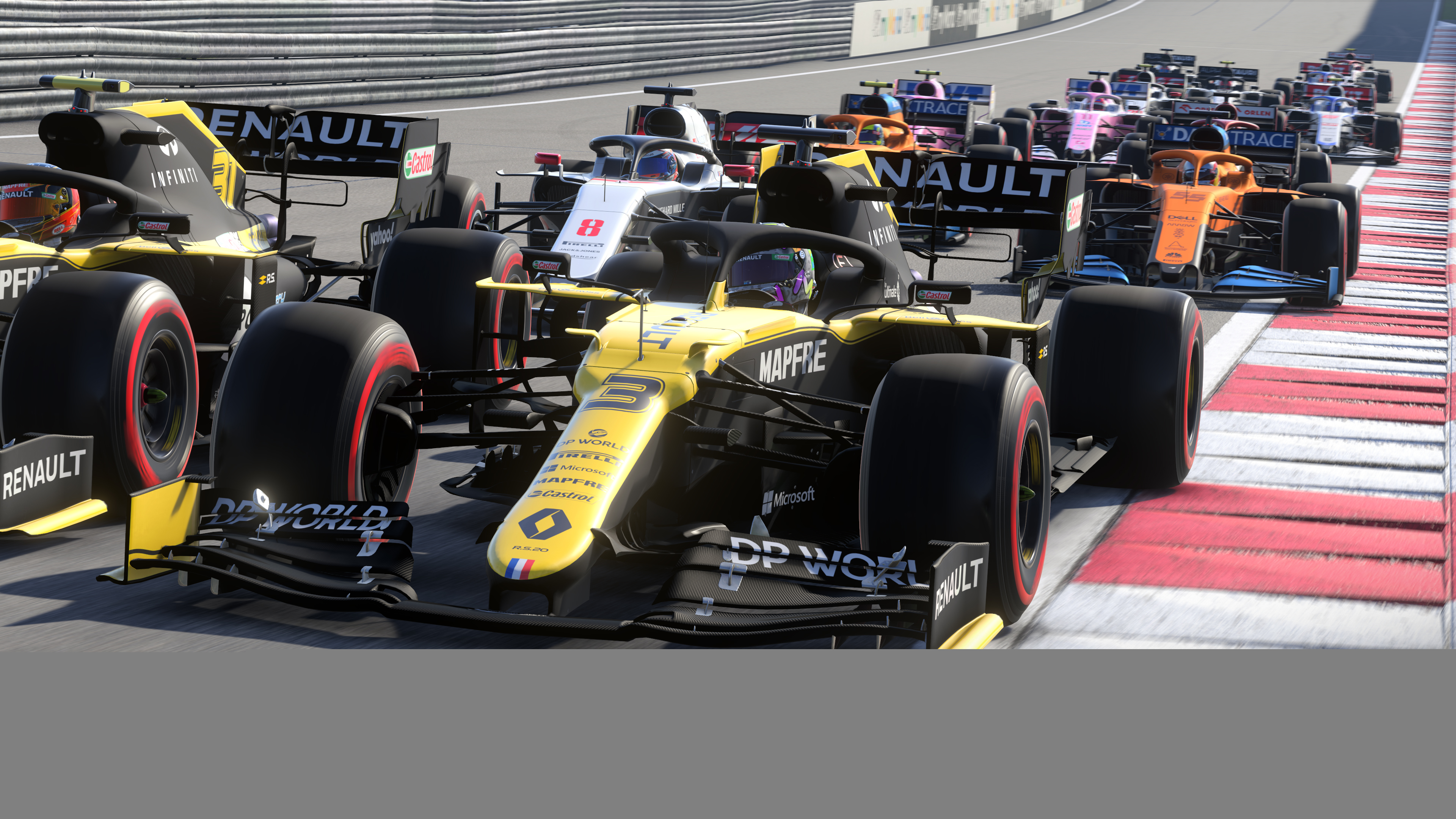 Auto di Formula 1 su un circuito. Molte auto corrono, con loghi visibili come Renault e McLaren.