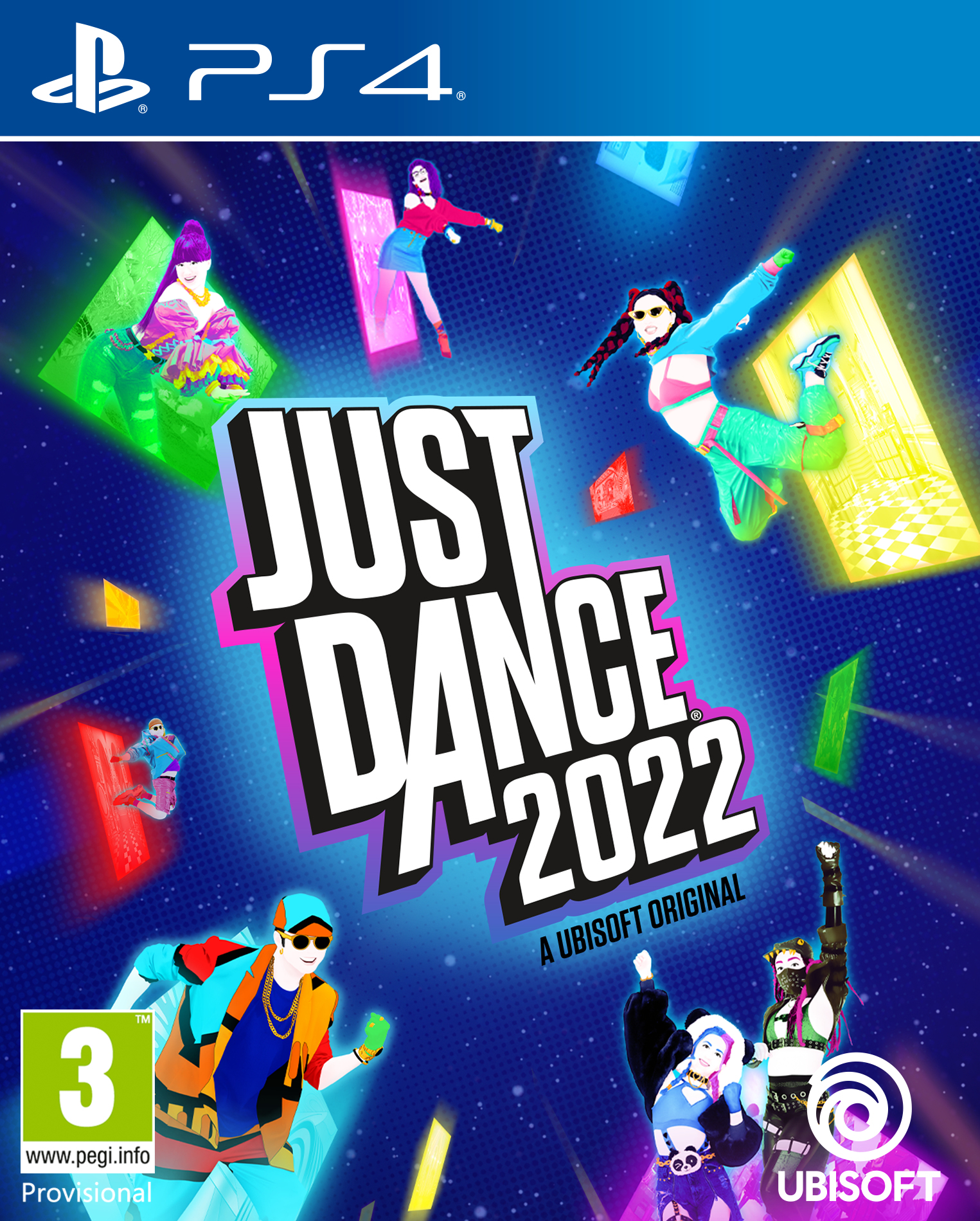 Copertina del gioco 'Just Dance 2022' con ballerini colorati in movimento, con il titolo del gioco e uno sfondo blu.