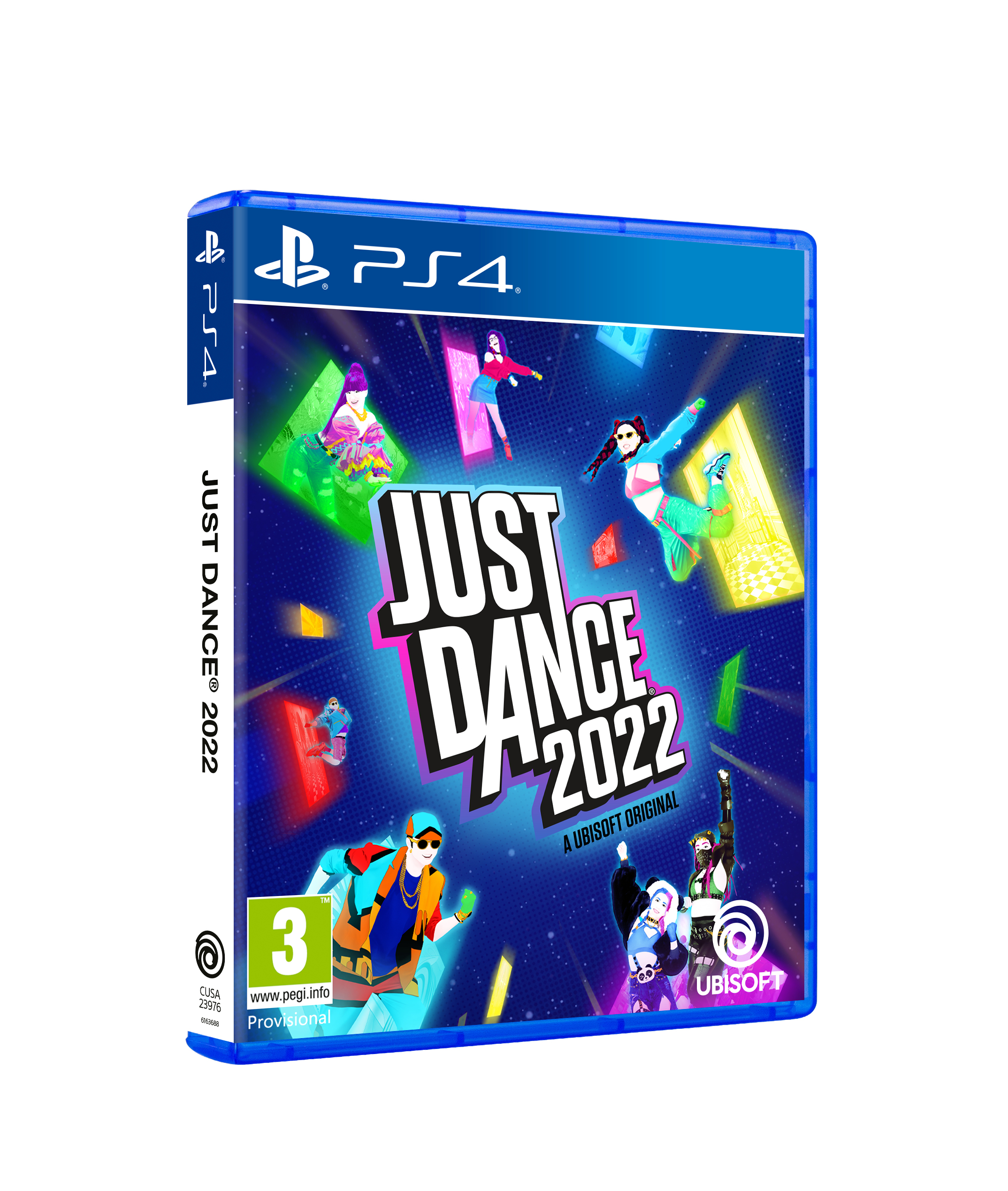 Copertina della scatola del gioco con ballerini, il titolo 'Just Dance 2022' e il logo Ubisoft. La scatola è blu.