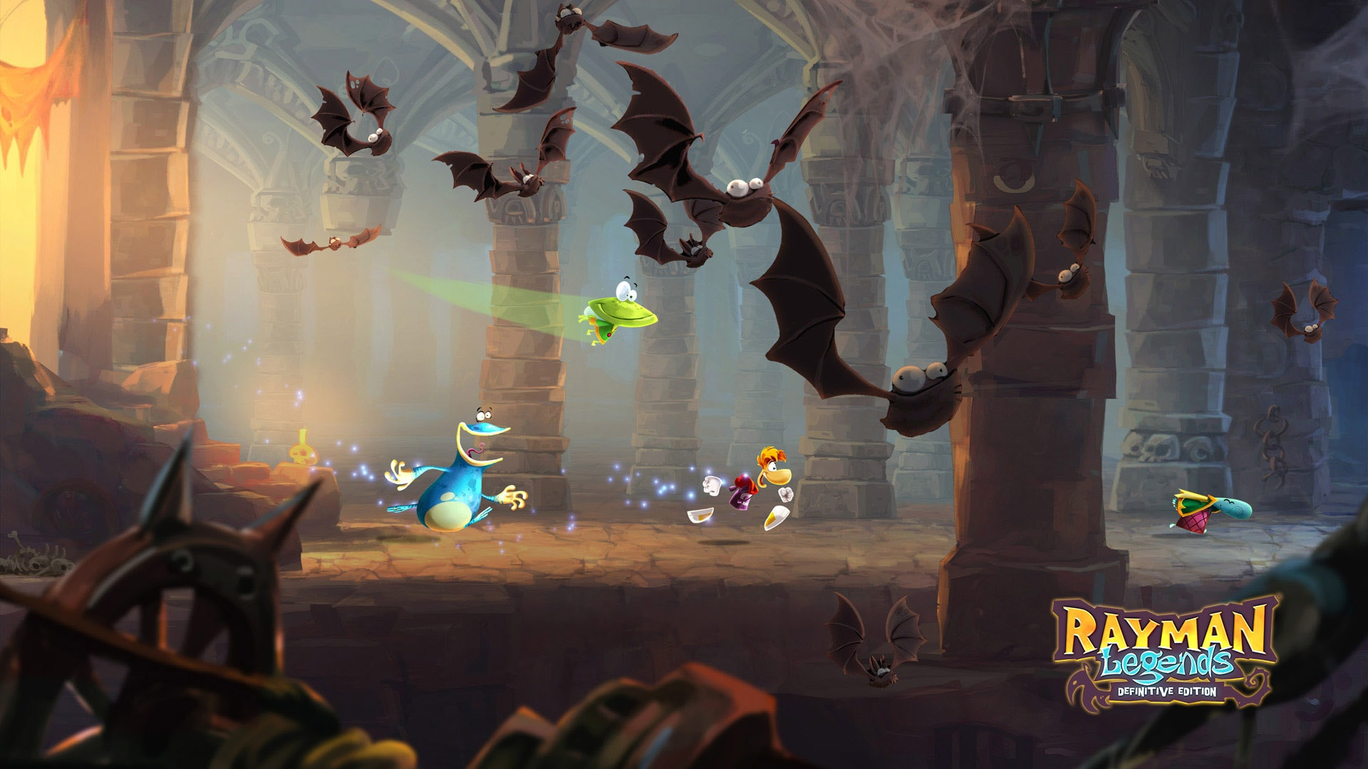 Okładka gry Rayman Legends. Rayman i inne postacie uciekają przed nietoperzami w gotyckiej scenerii.