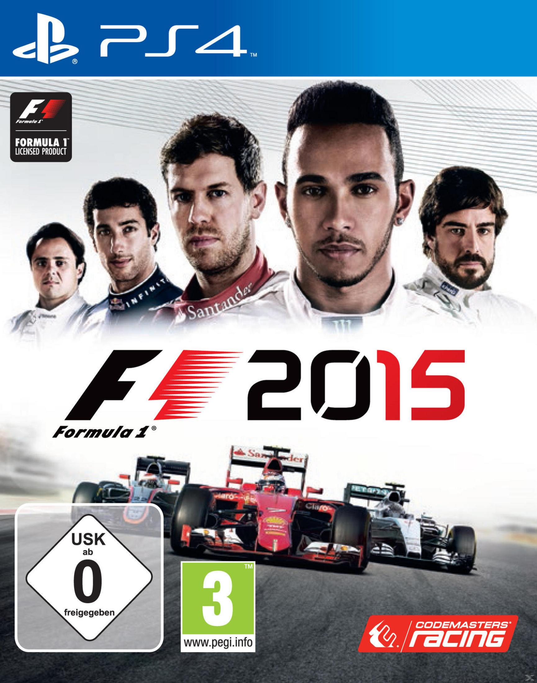 F1 2015-Spielcover. Fahrer und Rennwagen sind im Bild, mit dem PS4-Logo oben.
