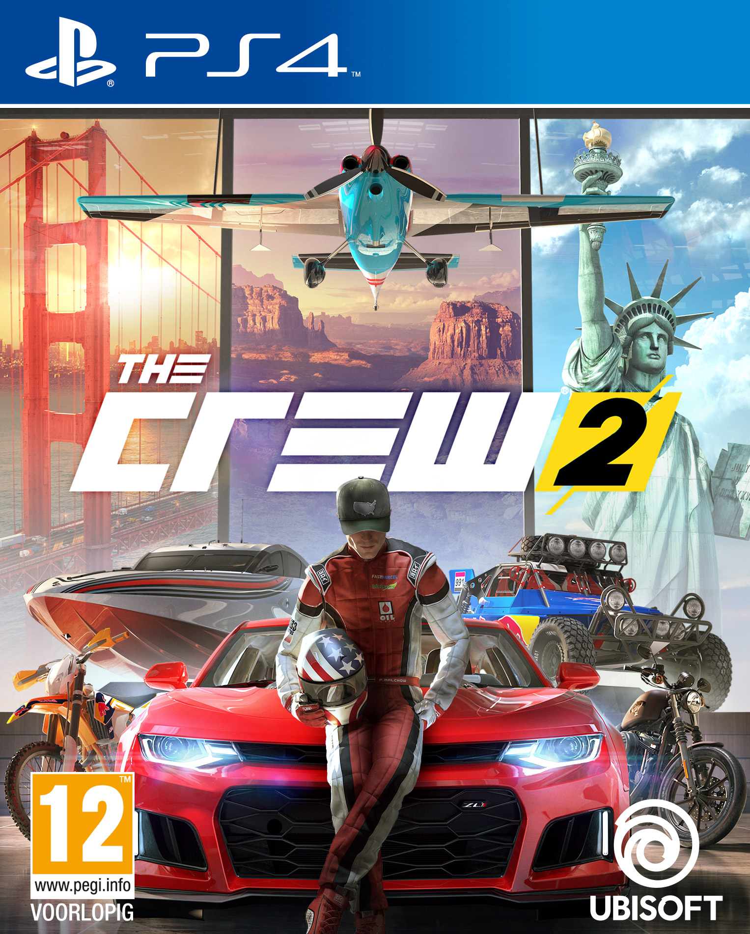 Okładka gry The Crew 2. Zawiera samochody wyścigowe, samolot i łódź z posągiem Wolności w tle.