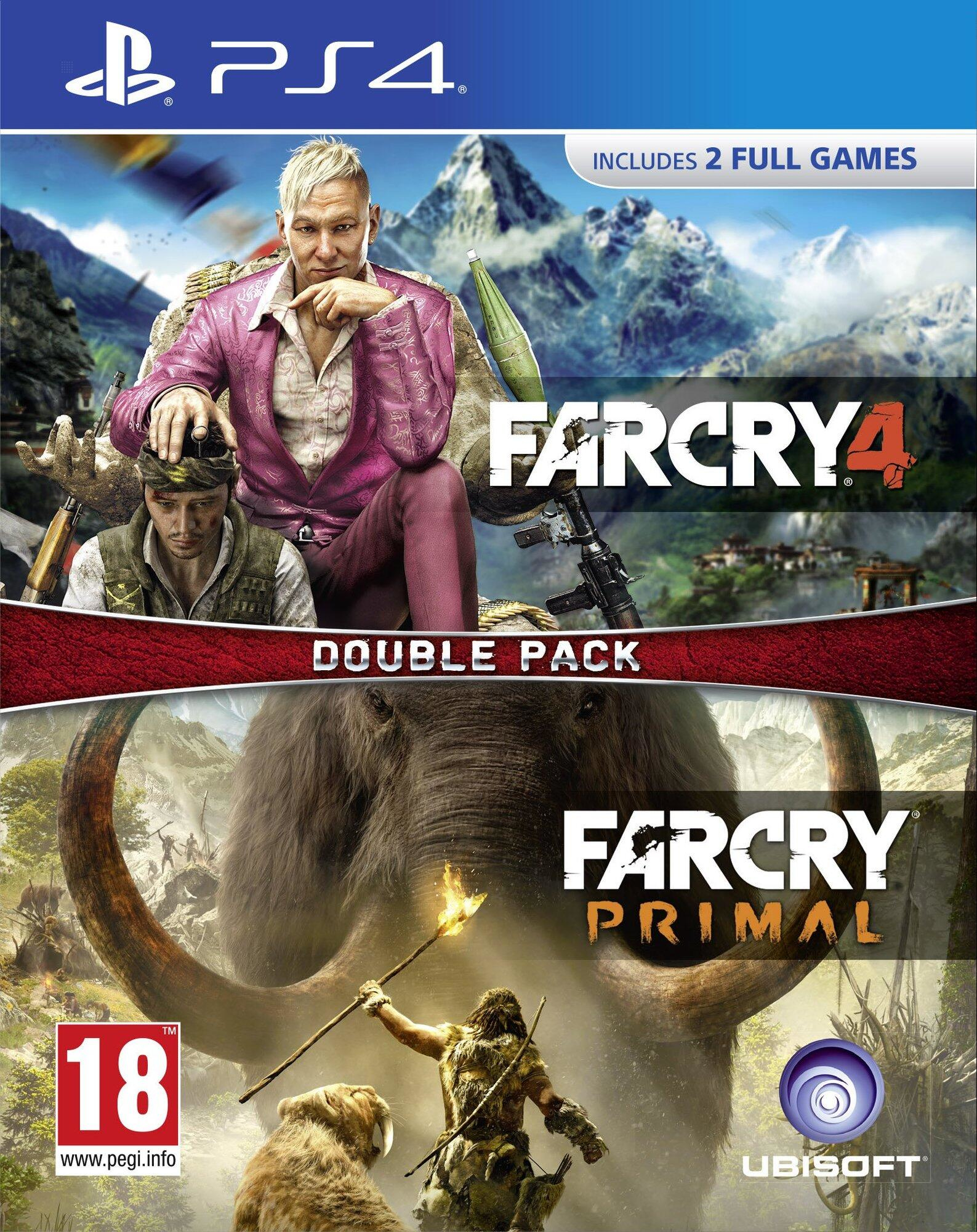 Okładka gry Far Cry 4 & Primal. Mężczyzna w różu i inni w tle.