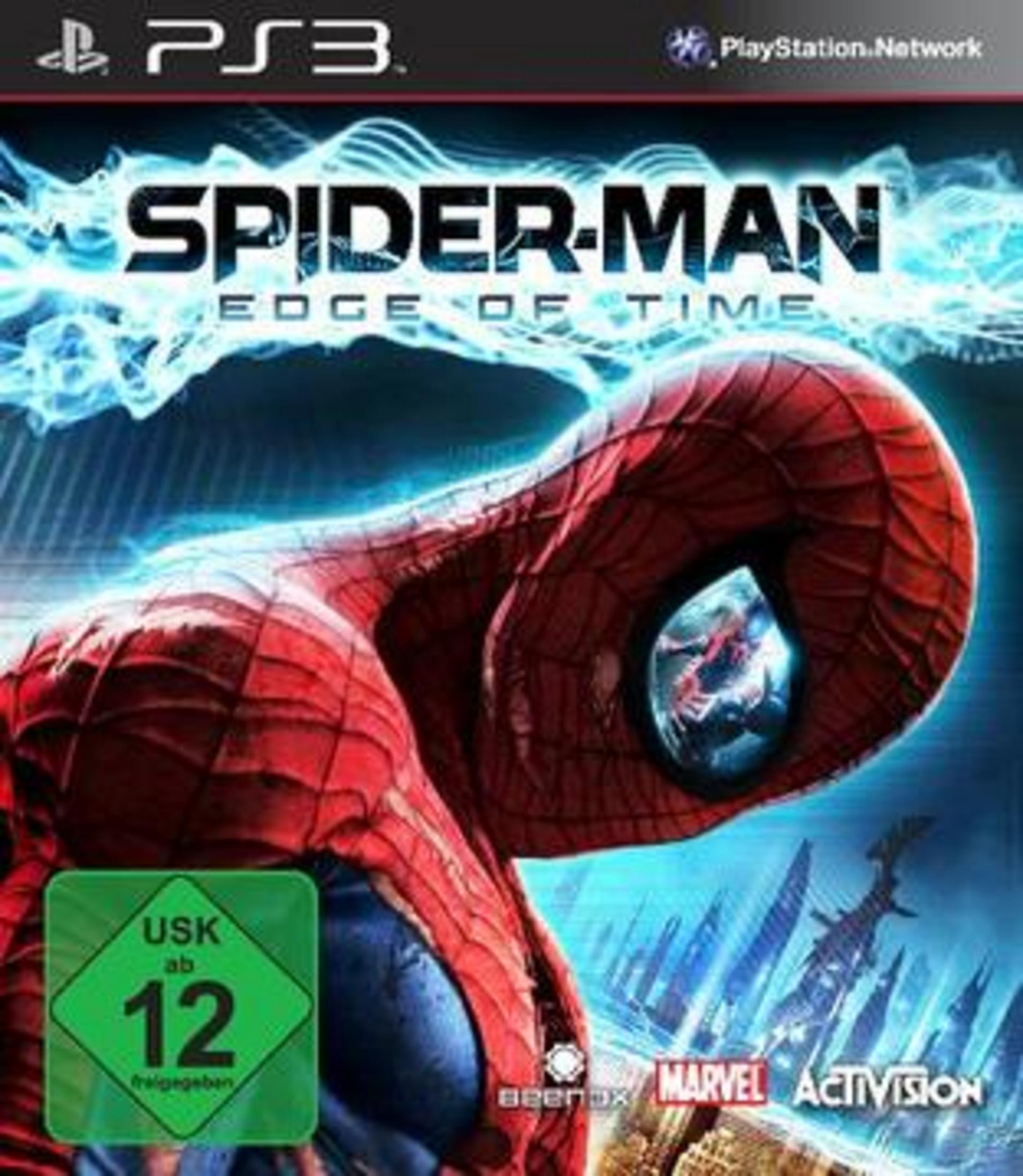 Spider-Man: Edge of Time-Spielcover. Spider-Mans Gesicht steht im Mittelpunkt, mit einer Stadt im Hintergrund.
