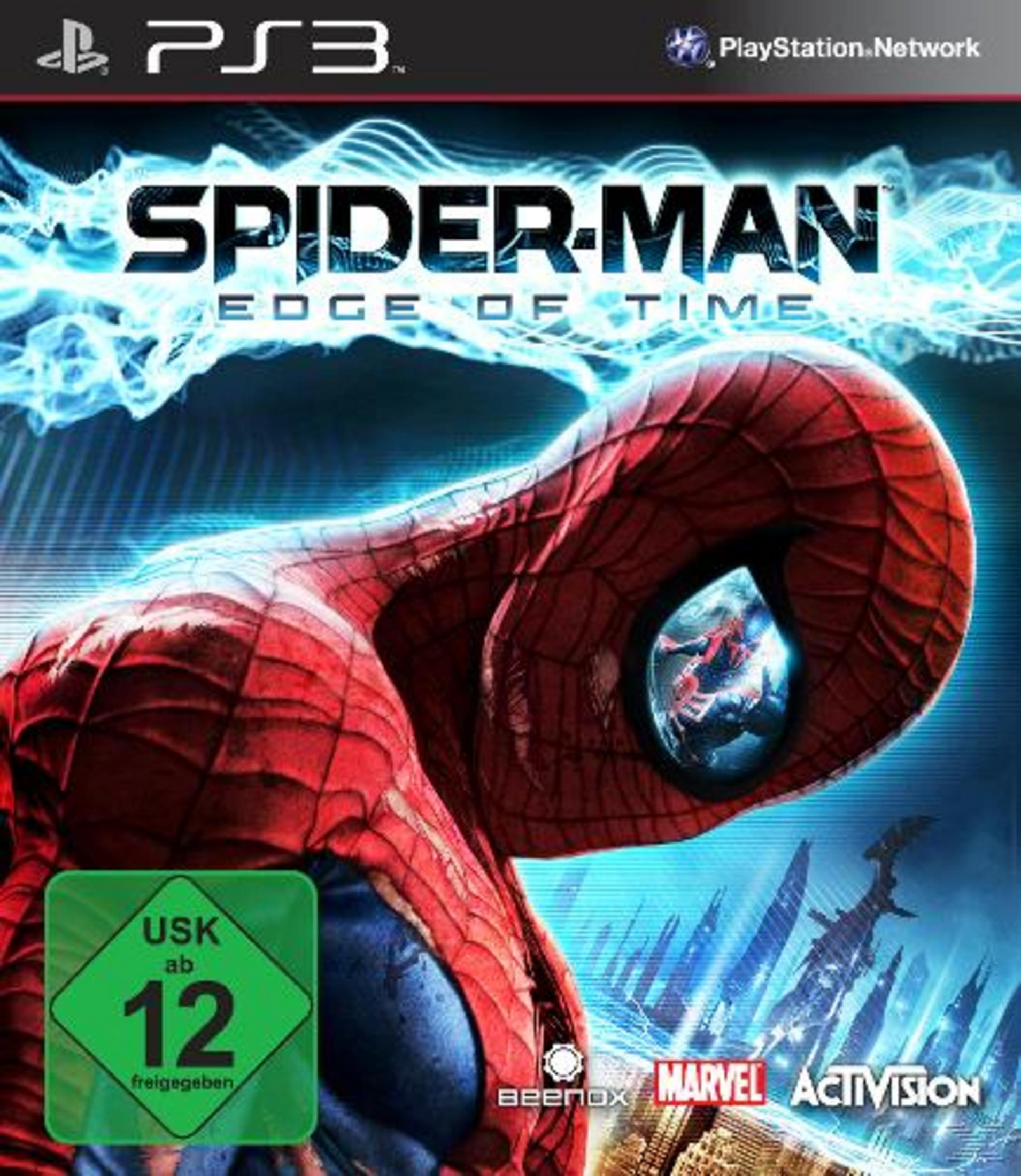 Spider-Man-Spielcover. Spider-Mans Gesicht ist prominent, mit einer Stadtszene im Auge.