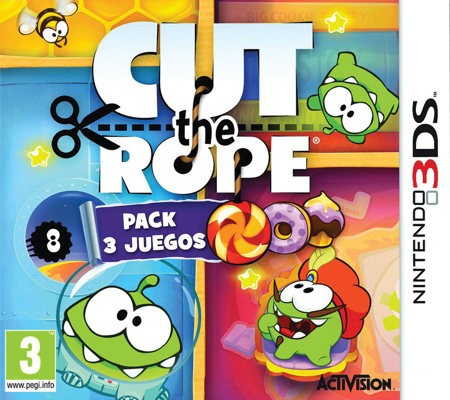 Copertina del gioco Cut the Rope, con i personaggi e gli elementi del gioco. Colori vivaci e design giocoso.