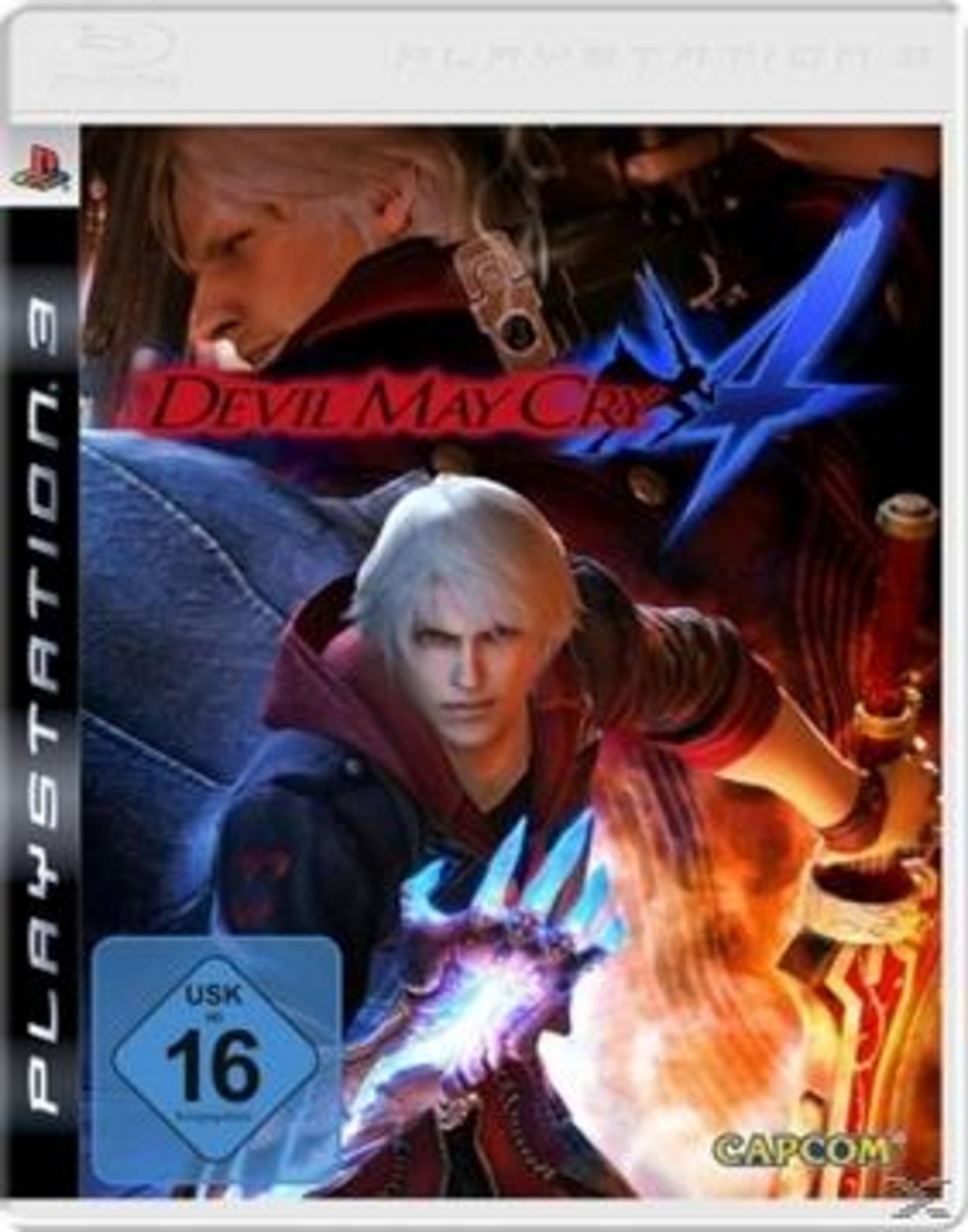 Devil May Cry-Spiel-Cover. Hauptfigur mit weißen Haaren, blauer Energie und einem Schwert.