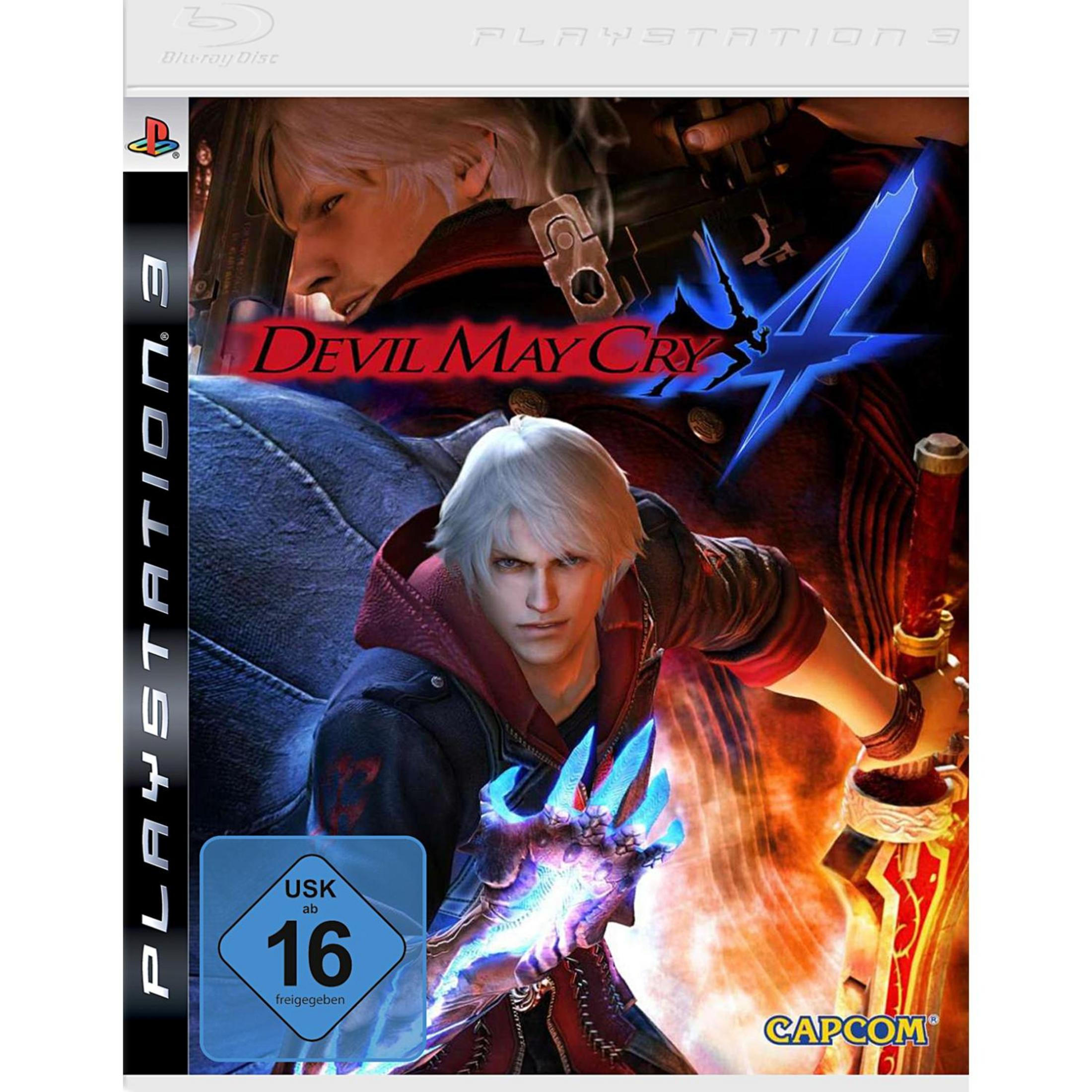 Devil May Cry-Spiel-Cover. Hauptfigur mit weißen Haaren, blauer Energie und einem Schwert.