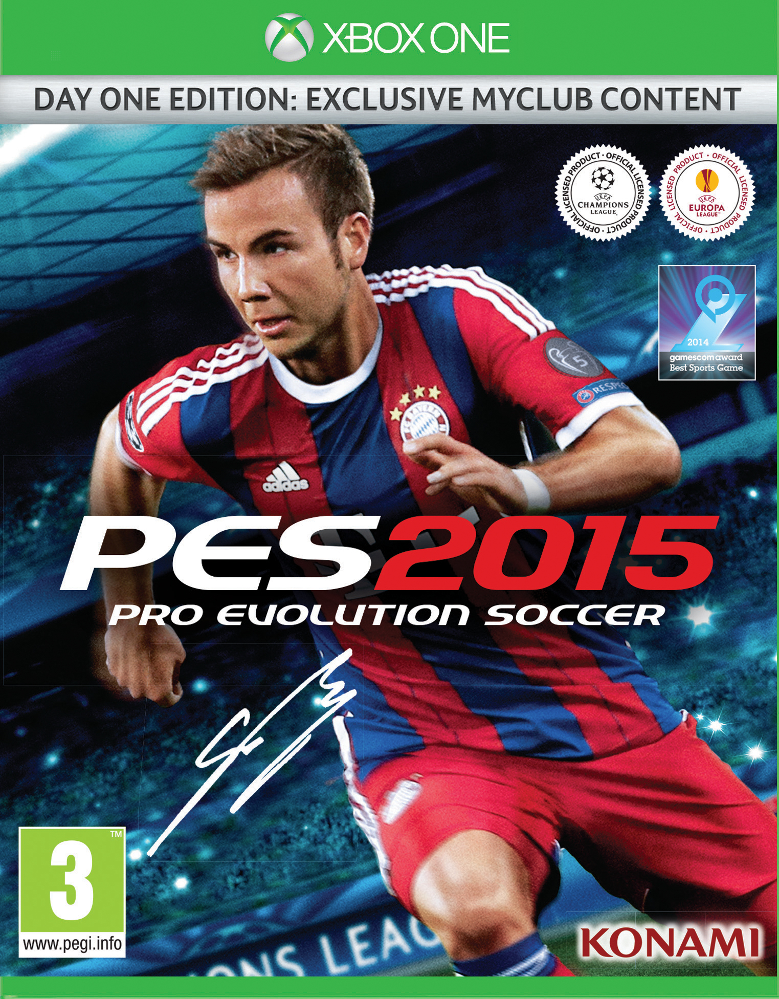Copertina del gioco: PES 2015 con un calciatore in maglia rossa e blu, con la sua firma.