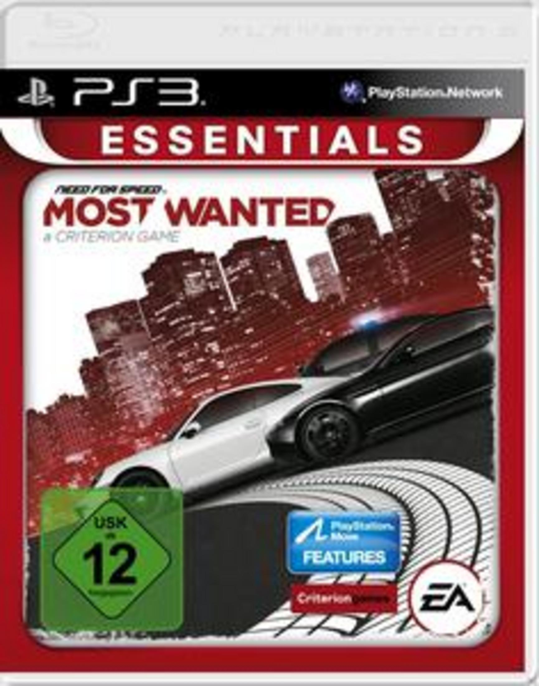 Need for Speed: Most Wanted-Spiel-Cover. Polizeiautos verfolgen ein weißes Auto.