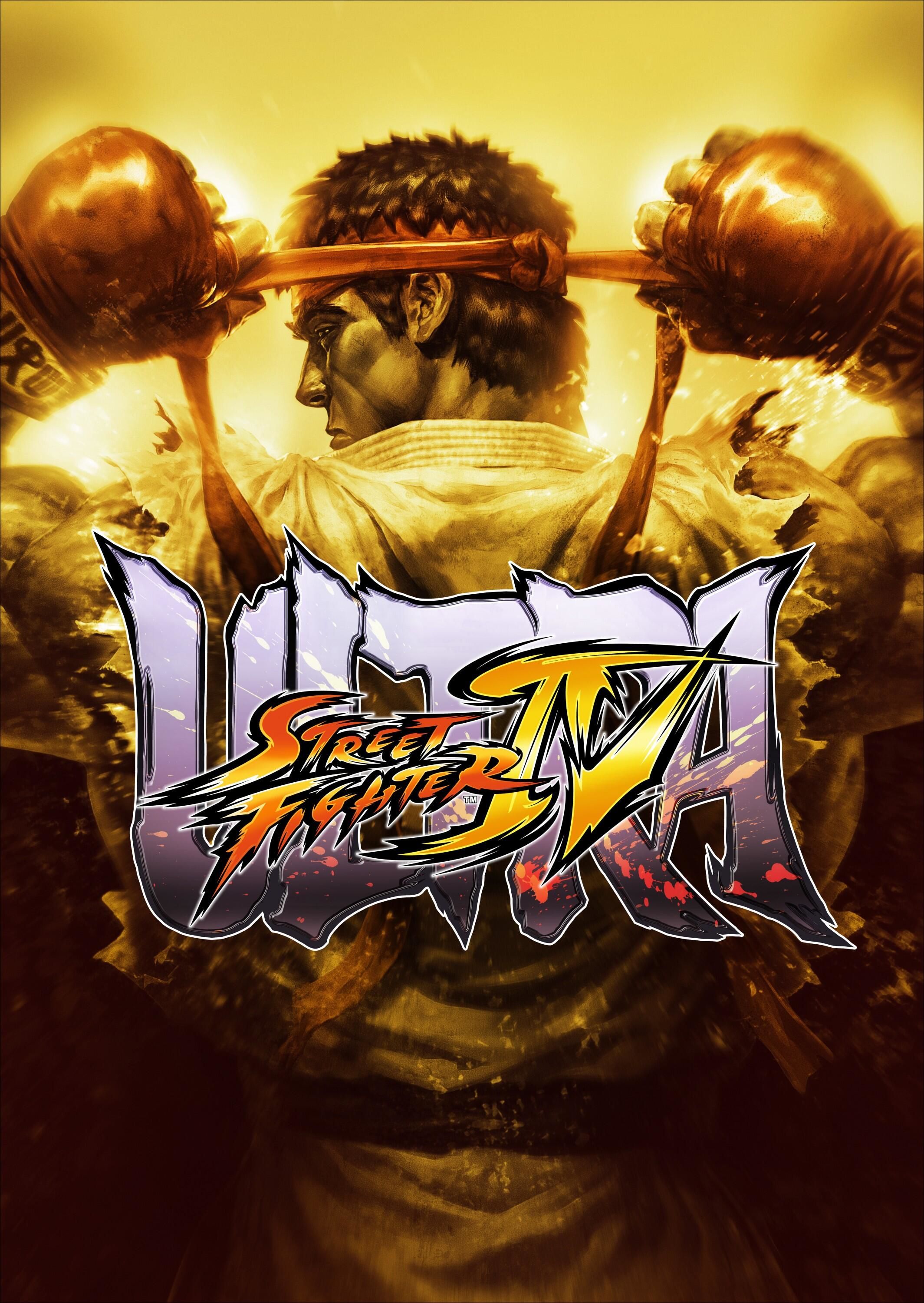 Plakat gry Ultra Street Fighter IV. Muskularny mężczyzna przed logo gry.