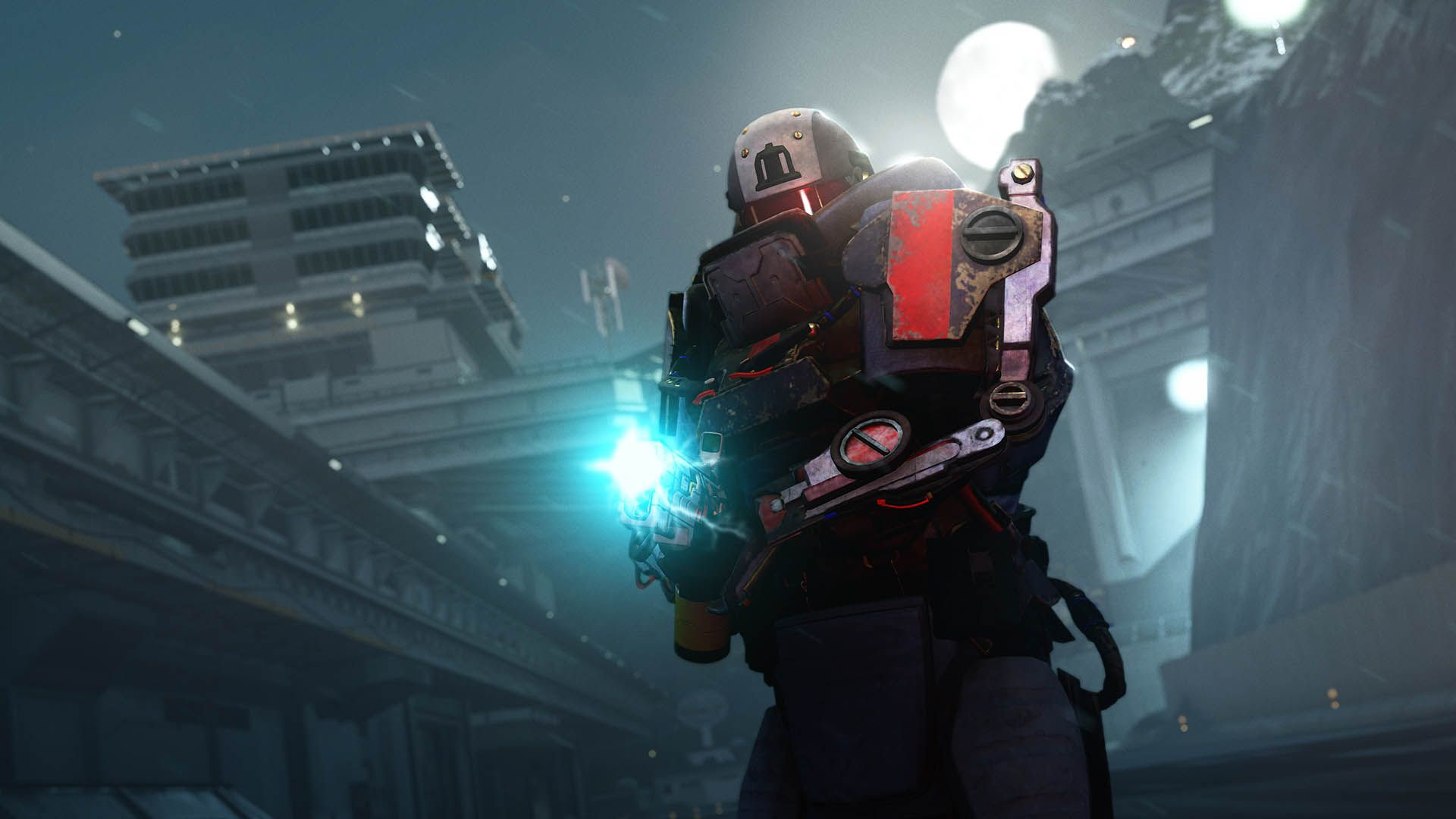 Futurystyczny żołnierz z bronią stoi w mrocznym, science-fiction środowisku, z krajobrazem miejskim.