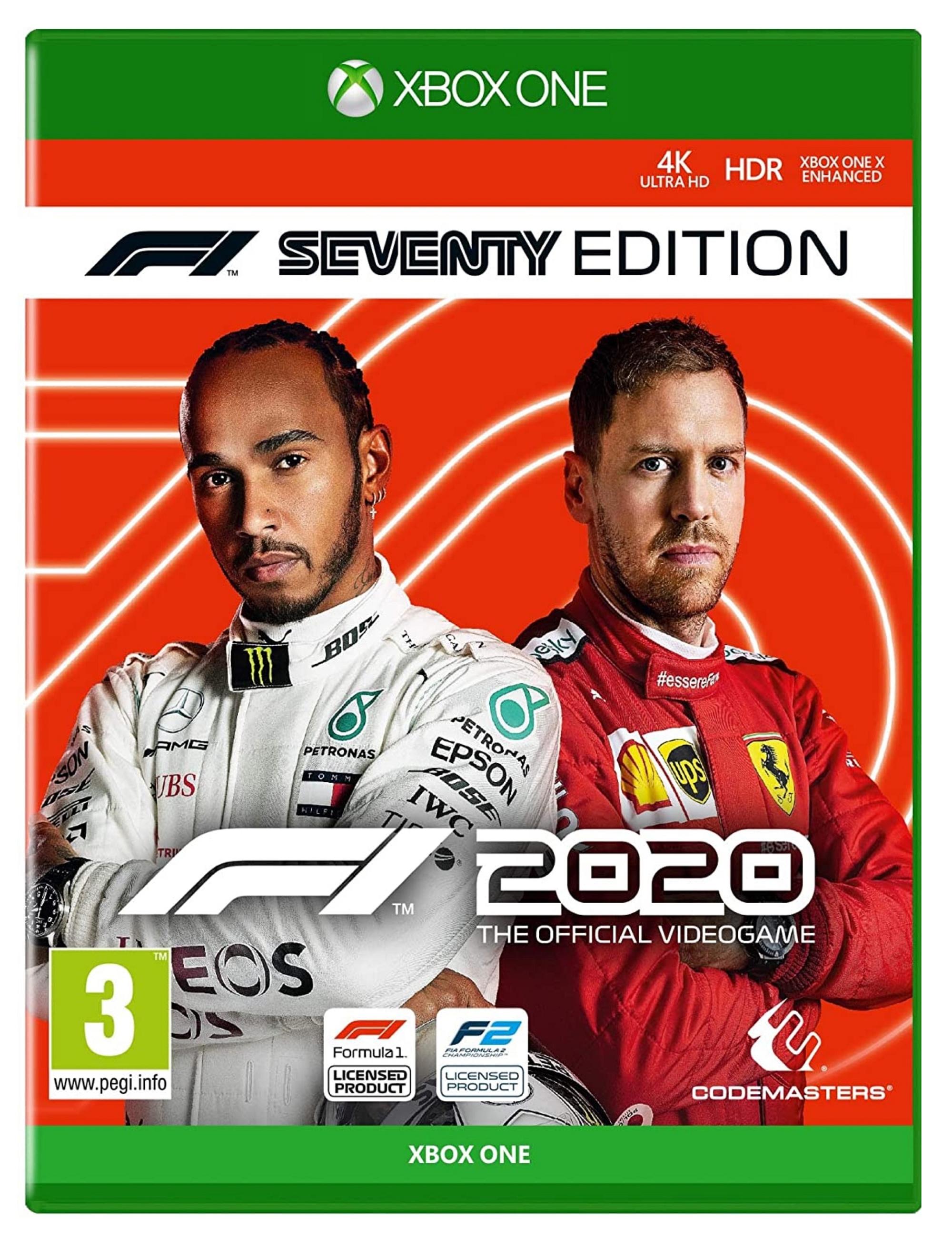 Copertina del gioco con due piloti di auto da corsa e il titolo 'F1 2020'.
