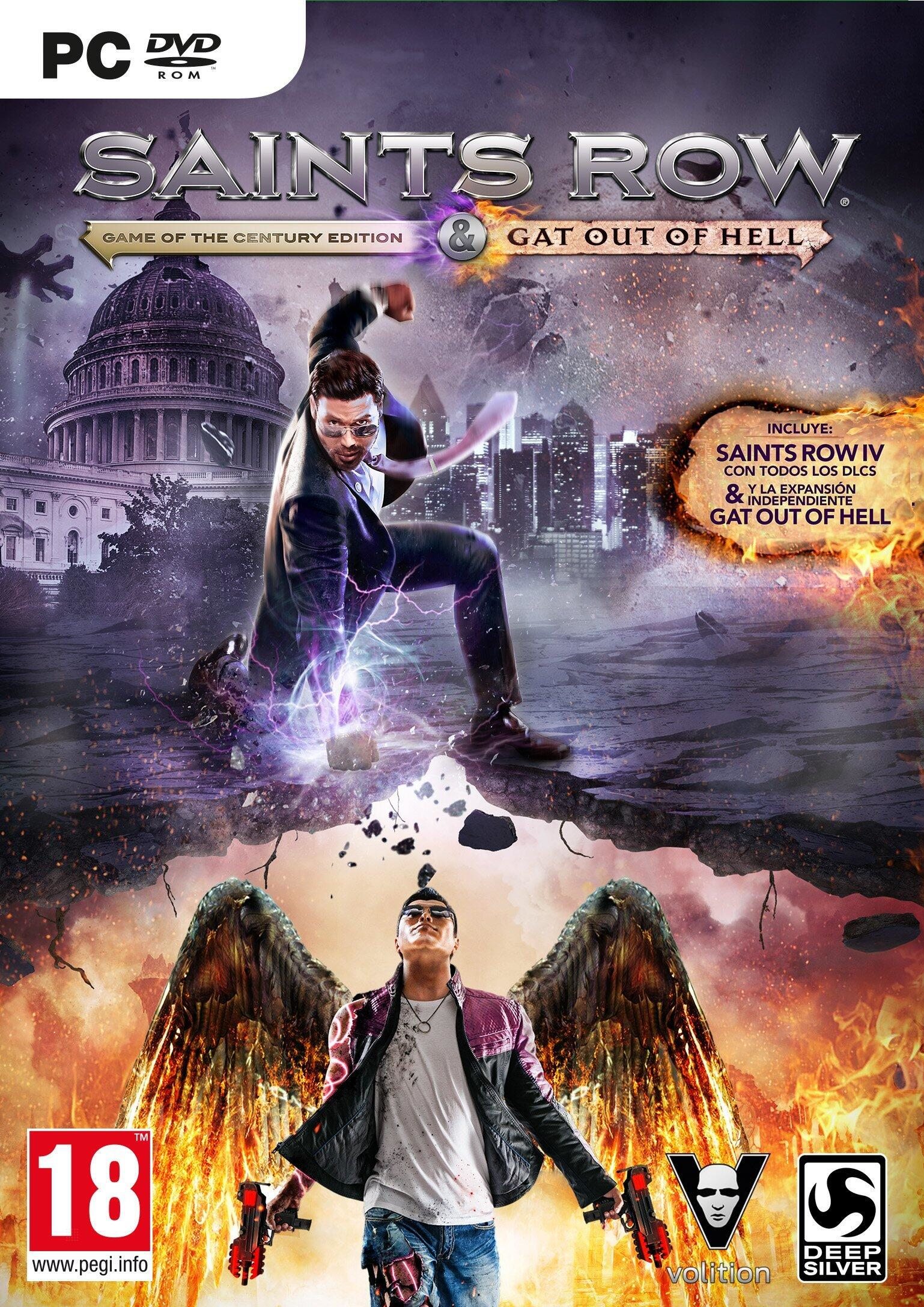 Okładka gry Saints Row: Gat Out of Hell. Mężczyzna ze skrzydłami trzyma broń. Gra jest na PC i zawiera DLC.