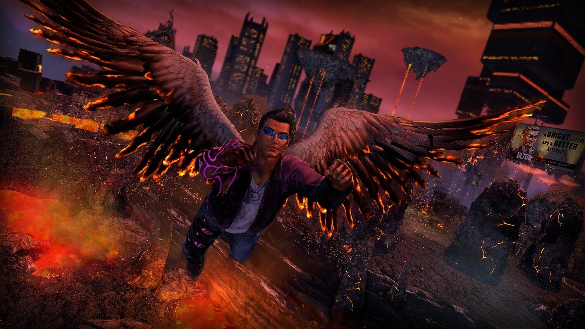 Okładka Saints Row IV: Re-Elected. Mężczyzna ze skrzydłami leci nad miastem, a poniżej krajobraz z lawą.