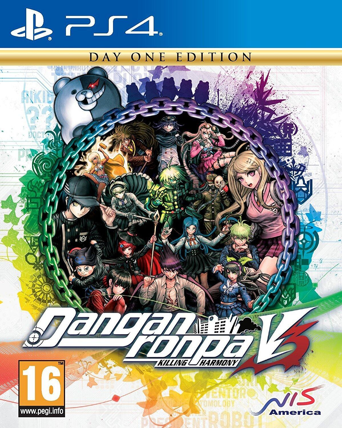 Copertina del gioco Danganronpa V3: Killing Harmony. Presenta molteplici personaggi anime in un design colorato e caotico.