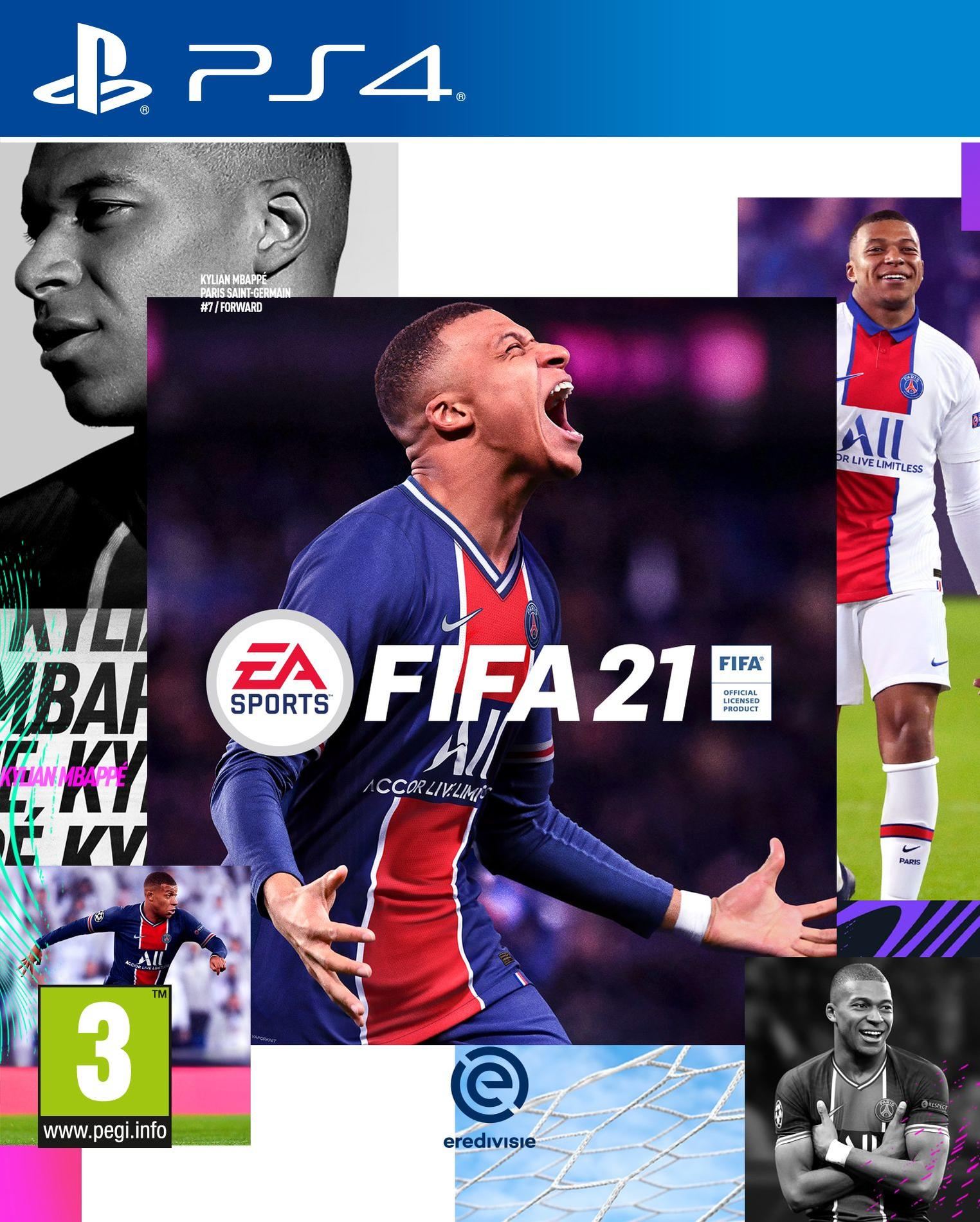 Portada de FIFA 21: Kylian Mbappé en la portada, otros jugadores y campo de fútbol.