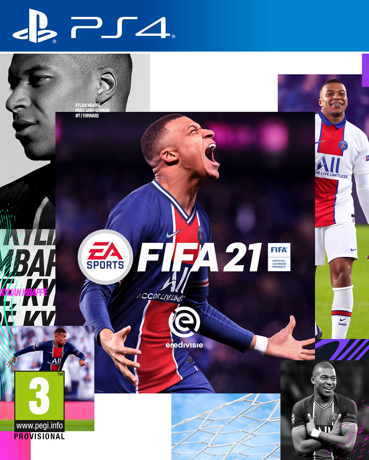 Portada del juego FIFA 21. Mbappe en múltiples poses, con el logo de EA Sports visible.