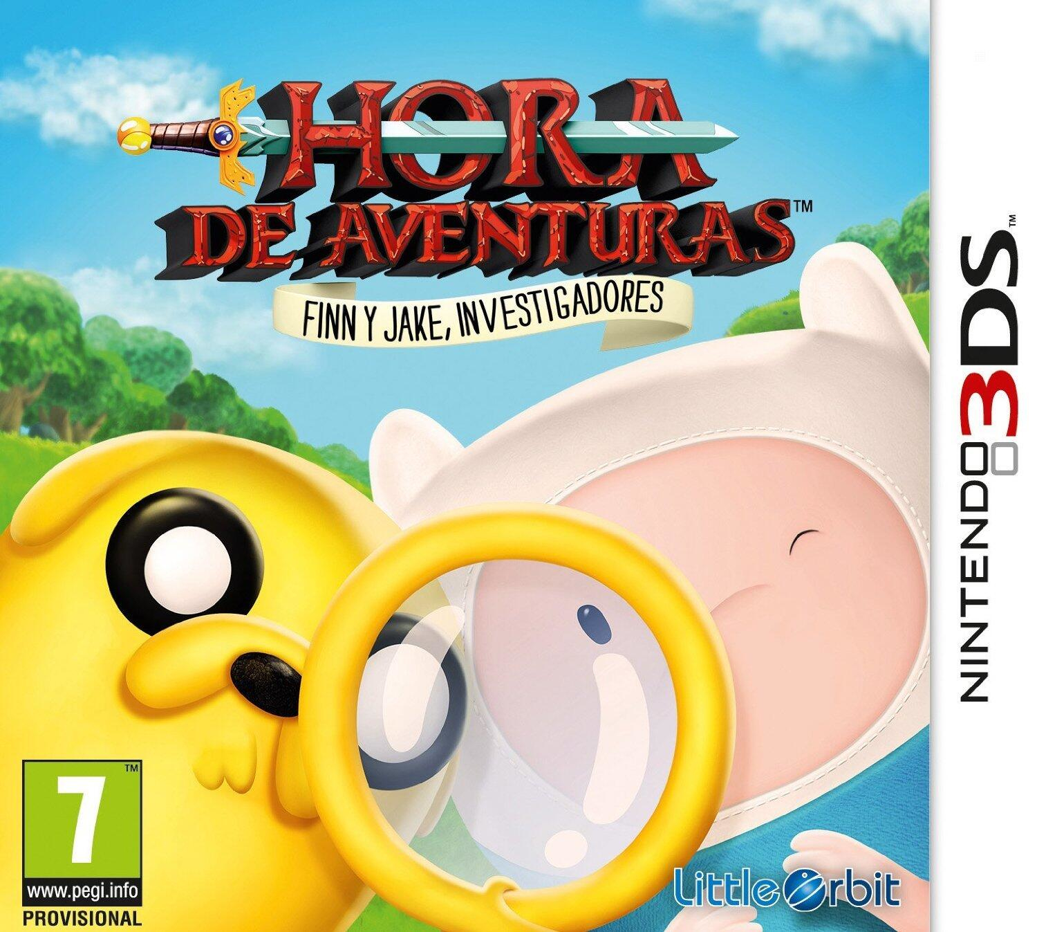Copertina del gioco 'Adventure Time' con Finn, Jake e una lente d'ingrandimento, in una scena colorata.