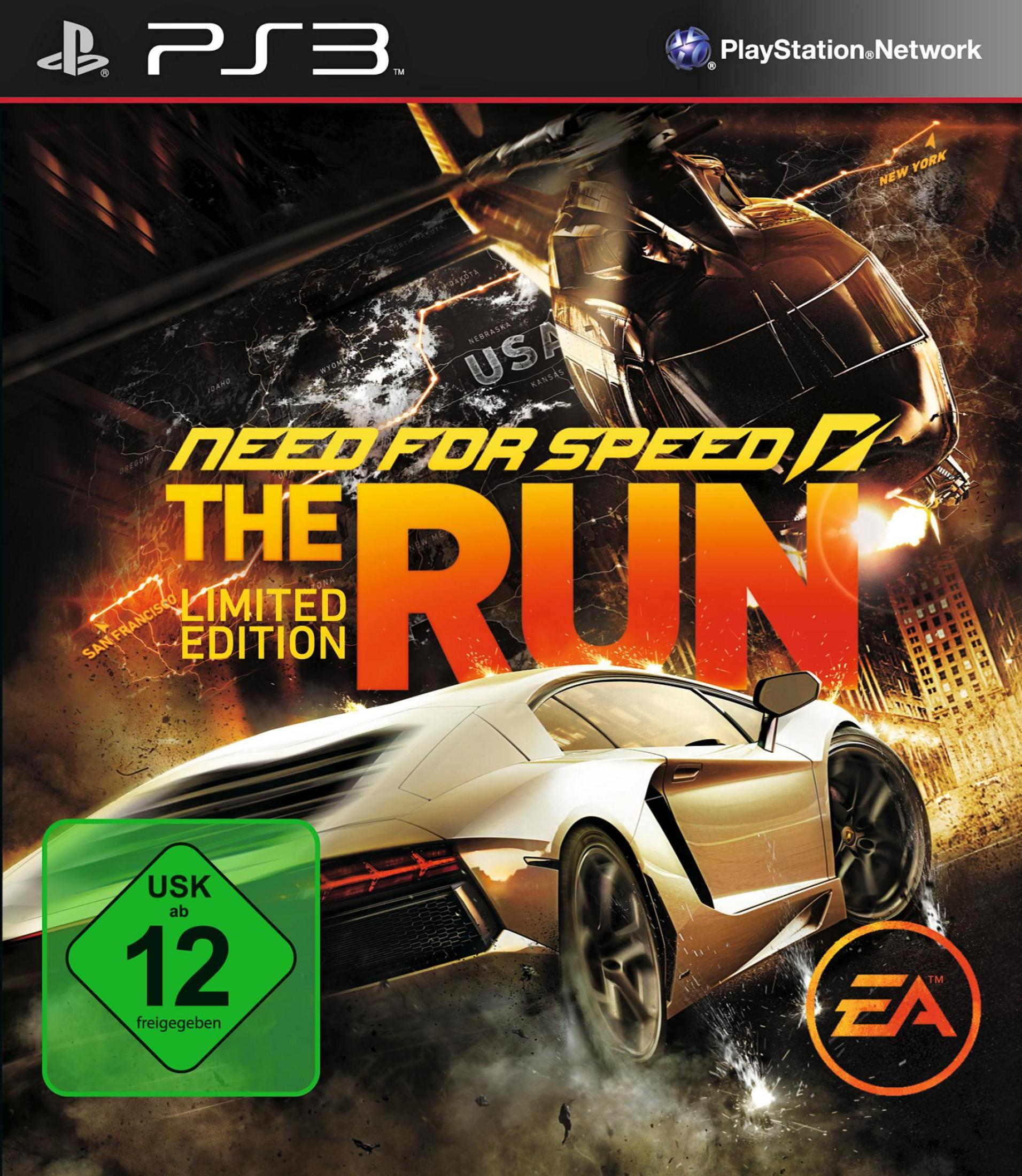 Spielcover für Need for Speed The Run. Ein weißes Auto in Bewegung auf dunklem Hintergrund. PS3-Logo oben.