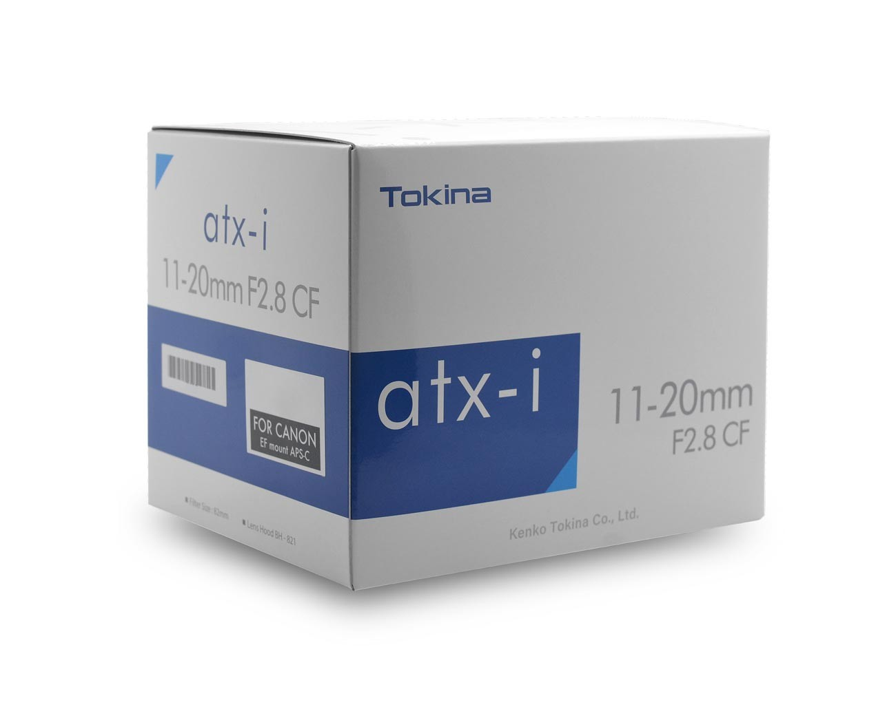 Białe pudełko z niebieskim tekstem i logo. Zawiera obiektyw i akcesoria. Izolowane na białym tle.