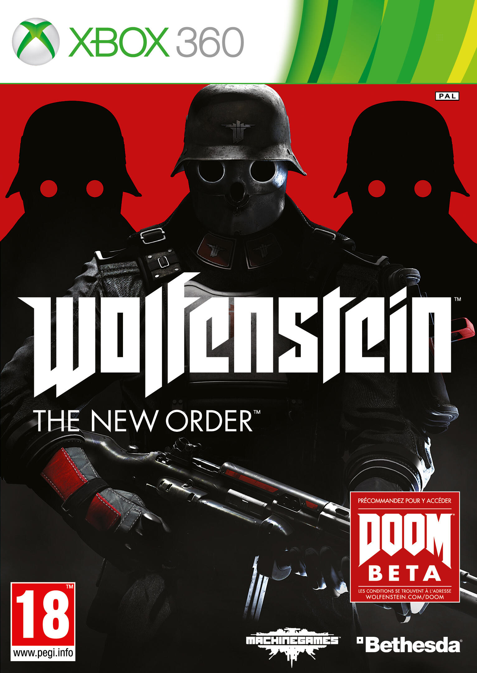Copertina del gioco Wolfenstein: The New Order con tre soldati in uniforme nera.