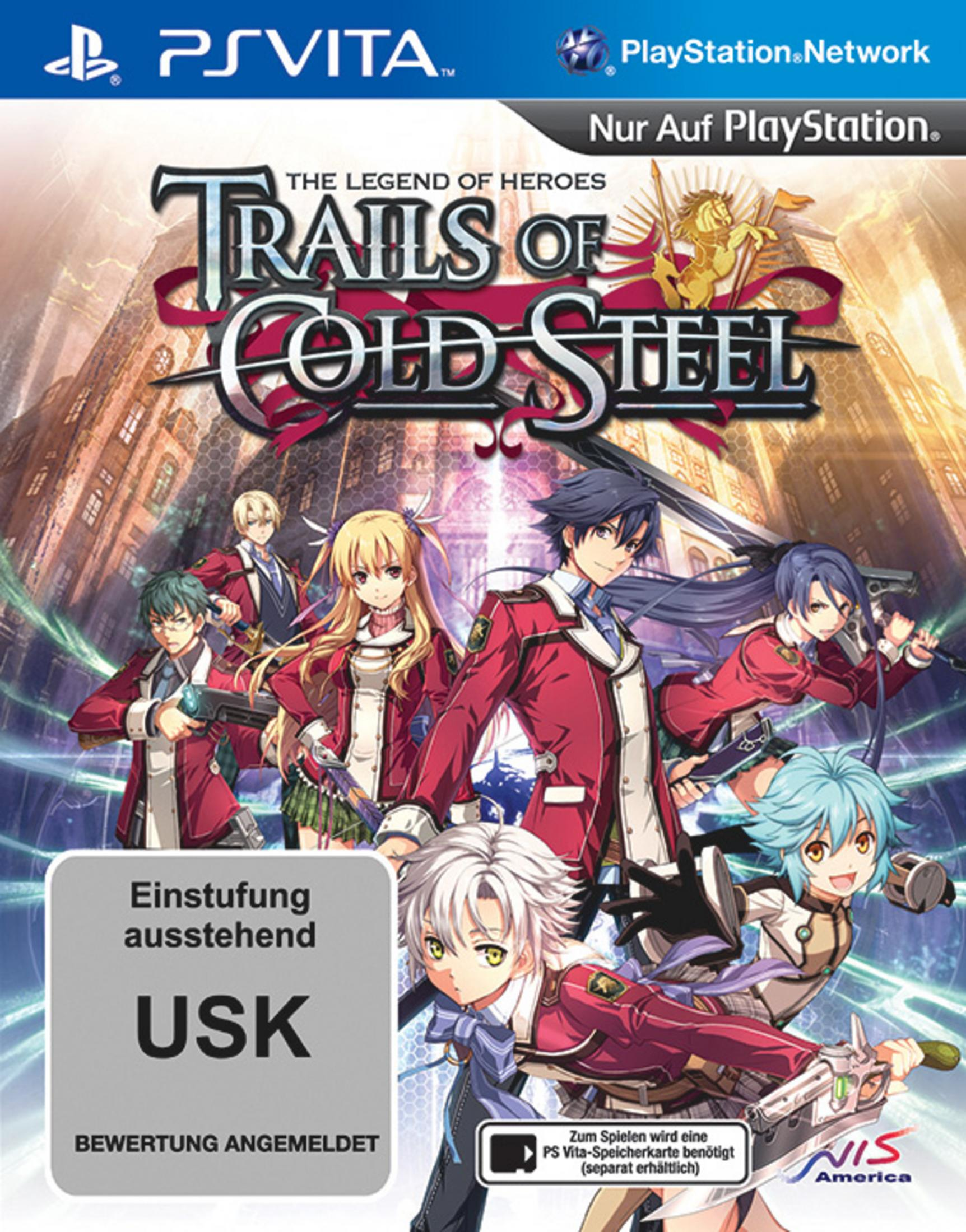 Spielverpackung für The Legend of Heroes: Trails of Cold Steel, mit Spielfiguren und USK-Einstufung.