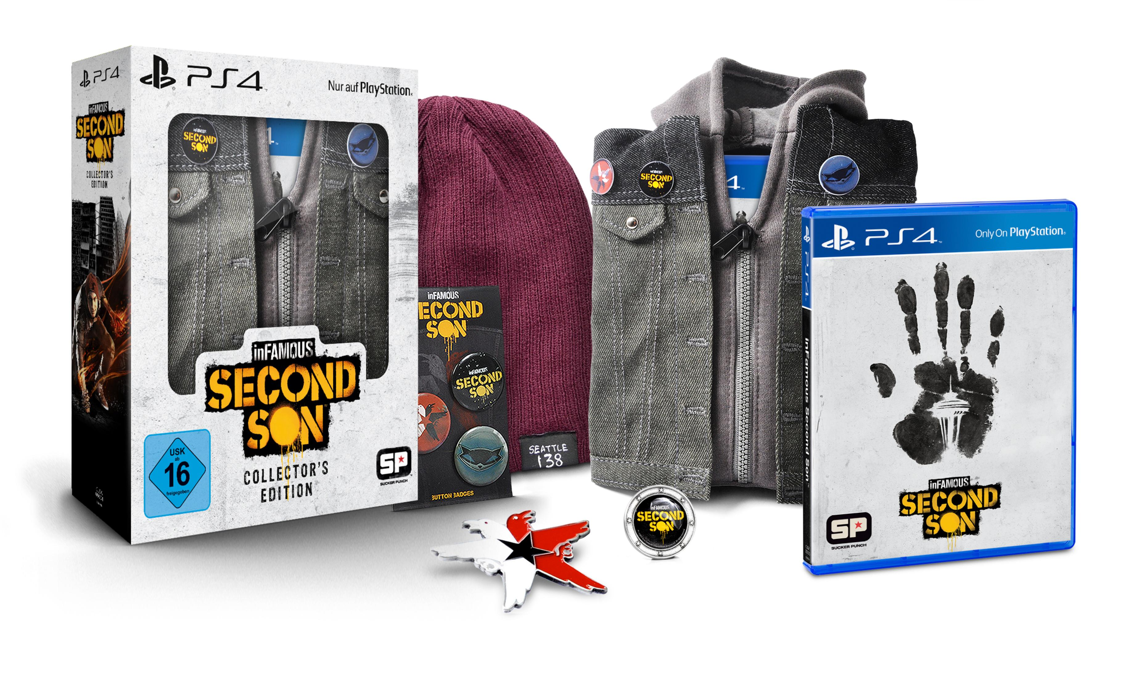 Infamous: Second Son Collector's Edition Box. Enthält Spiel, Mütze, Anstecker und Jeansjacke.