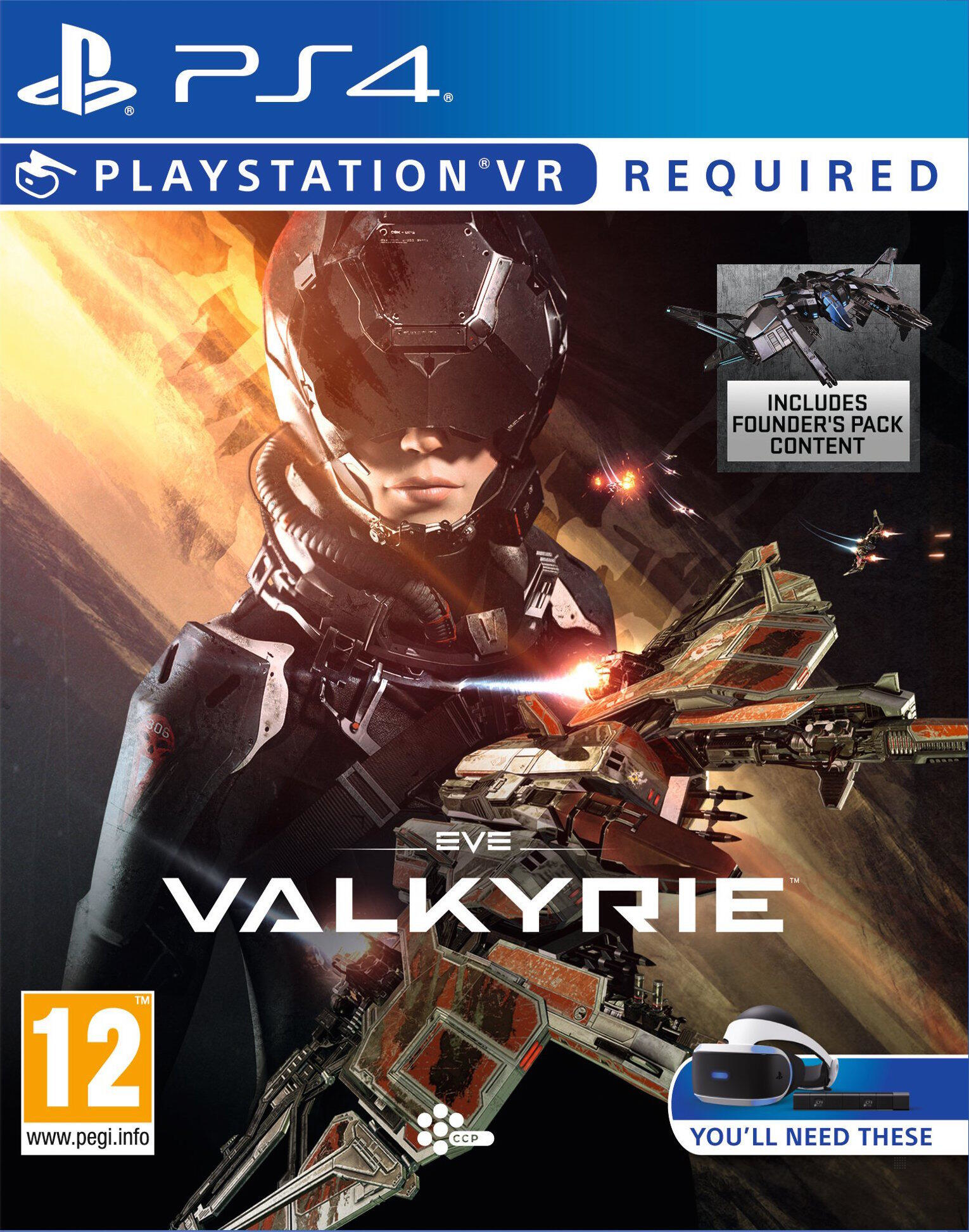 Portada del juego Eve Valkyrie: Una mujer en traje espacial, naves espaciales y el logo de PS4.