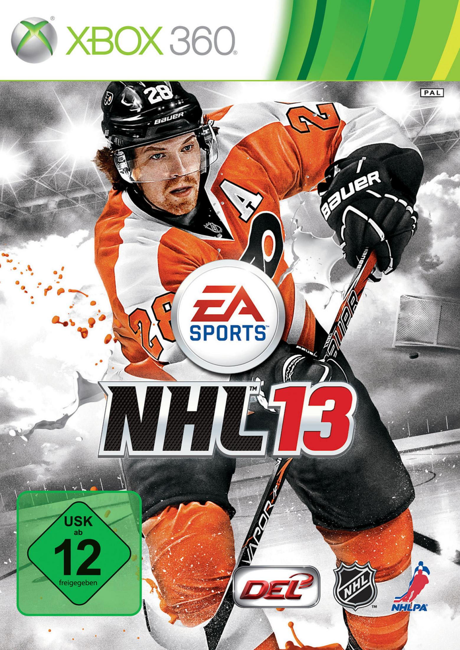 NHL 13 Spielcover mit einem Hockeyspieler in einem orange-schwarzen Trikot.