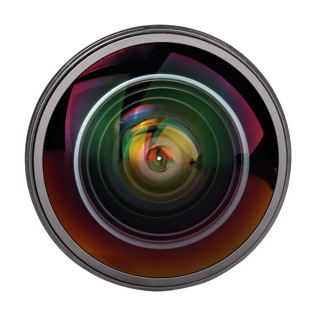 Obiektyw aparatu. Widok szerokokątny z kolorowymi odbiciami na szkle.