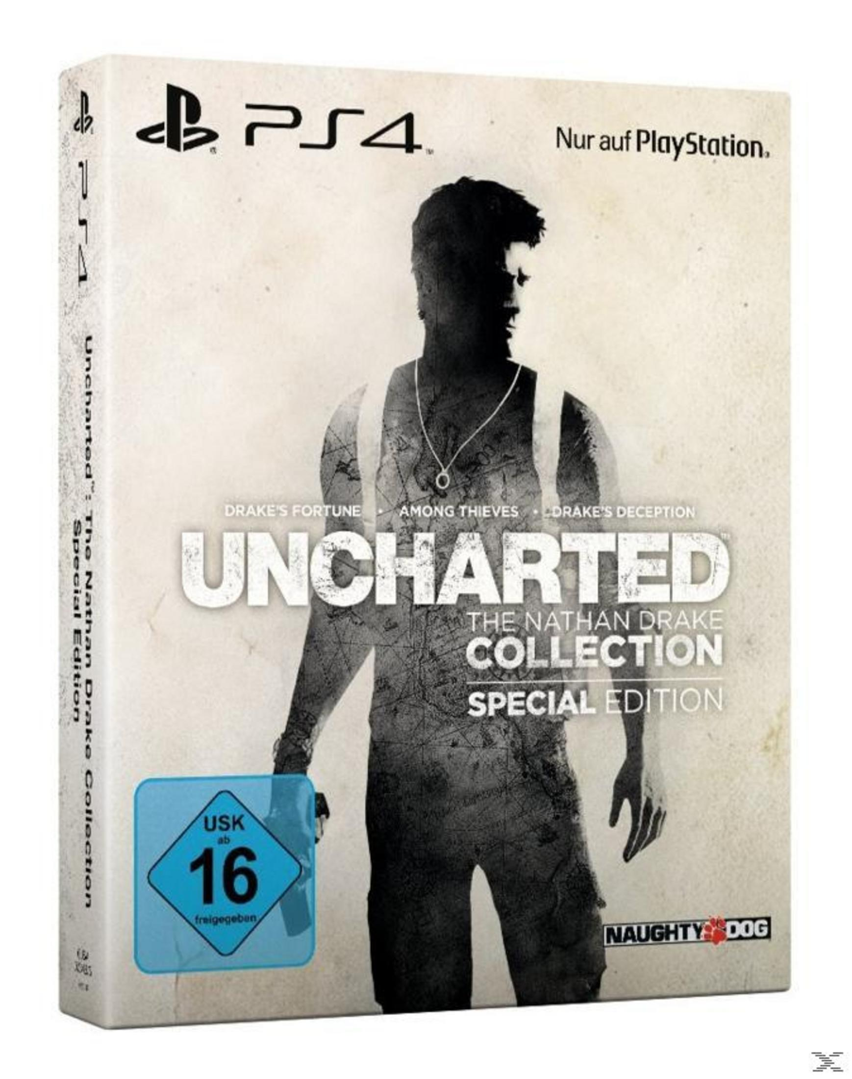 Uncharted: The Nathan Drake Collection Spielbox. Zeigt einen Mann und ein Kartendesign.