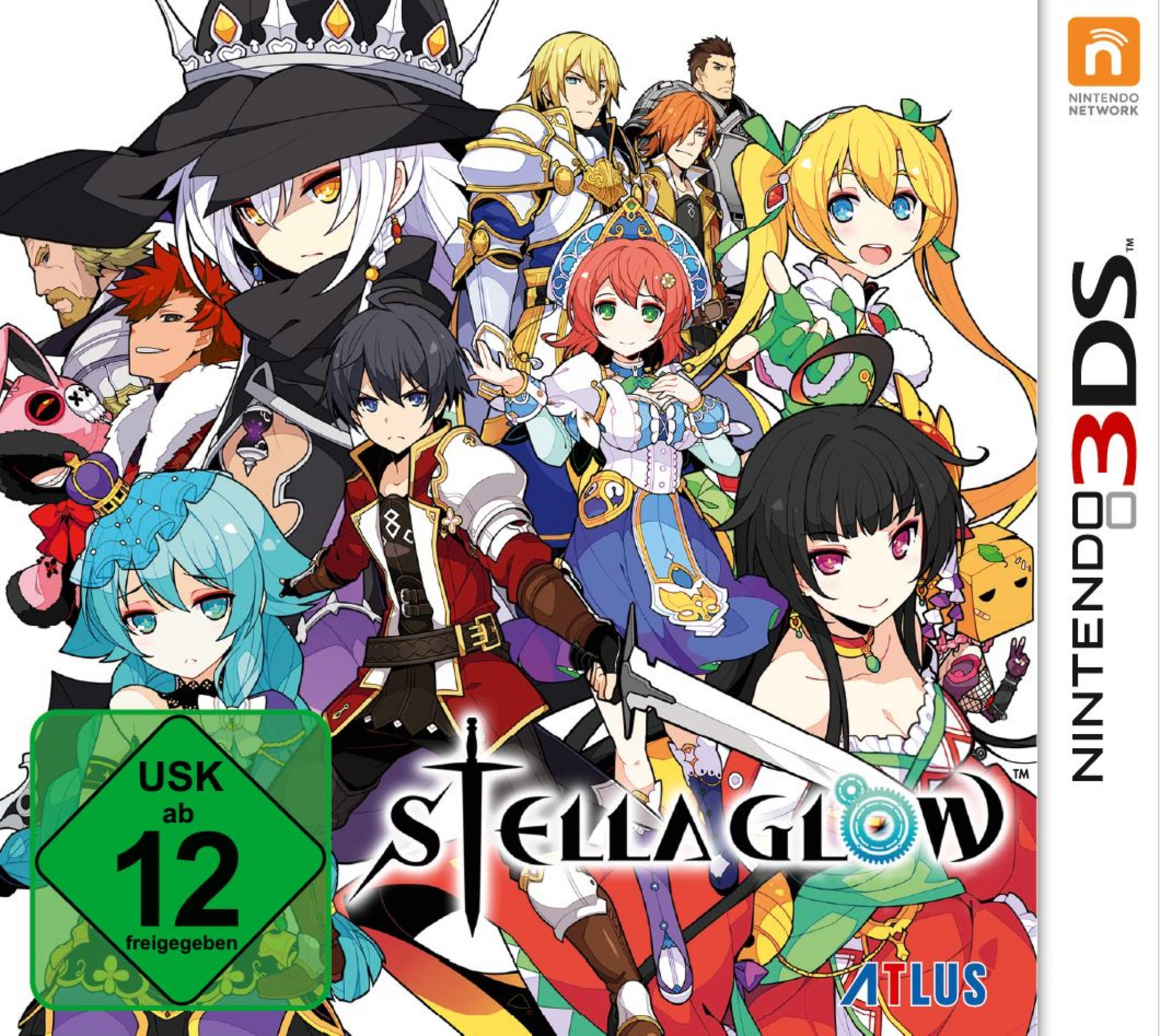 Stella Glow Nintendo 3DS Spielcover. Zeigt Anime-Charaktere in einer Gruppeneinstellung.