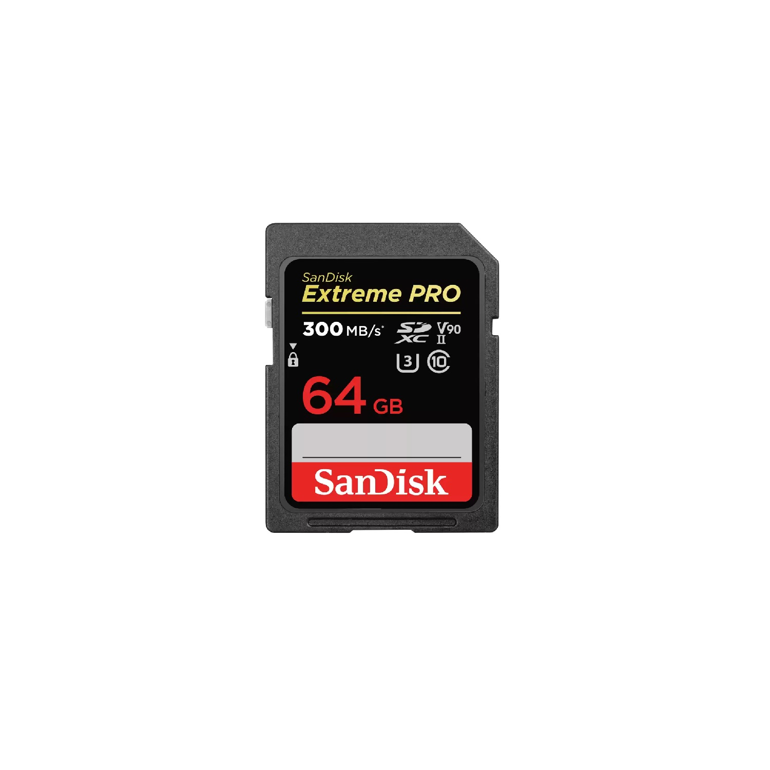 Tarjeta SD negra con texto 'SanDisk Extreme Pro 64GB'.
