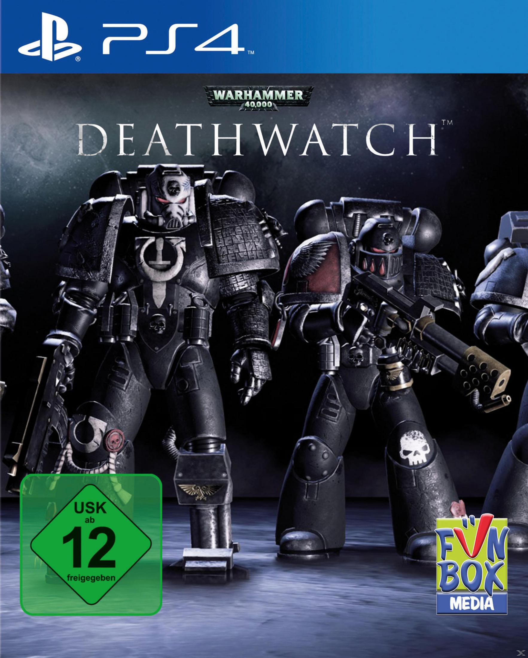 Spielcover: Warhammer 40.000: Deathwatch. Space Marines in Rüstung, halten Waffen und ein Totenkopf-Logo.