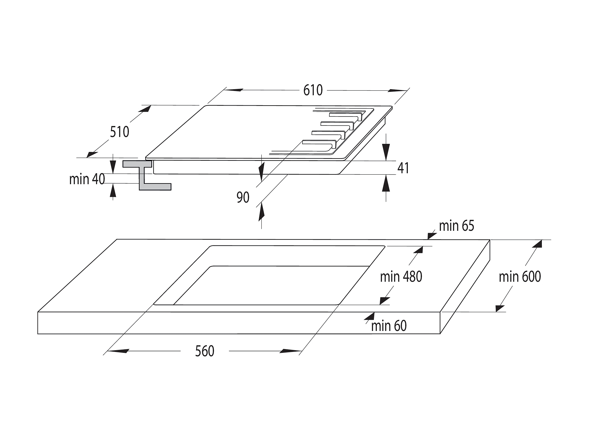 Disegno tecnico del piano cottura con dimensioni e misure.