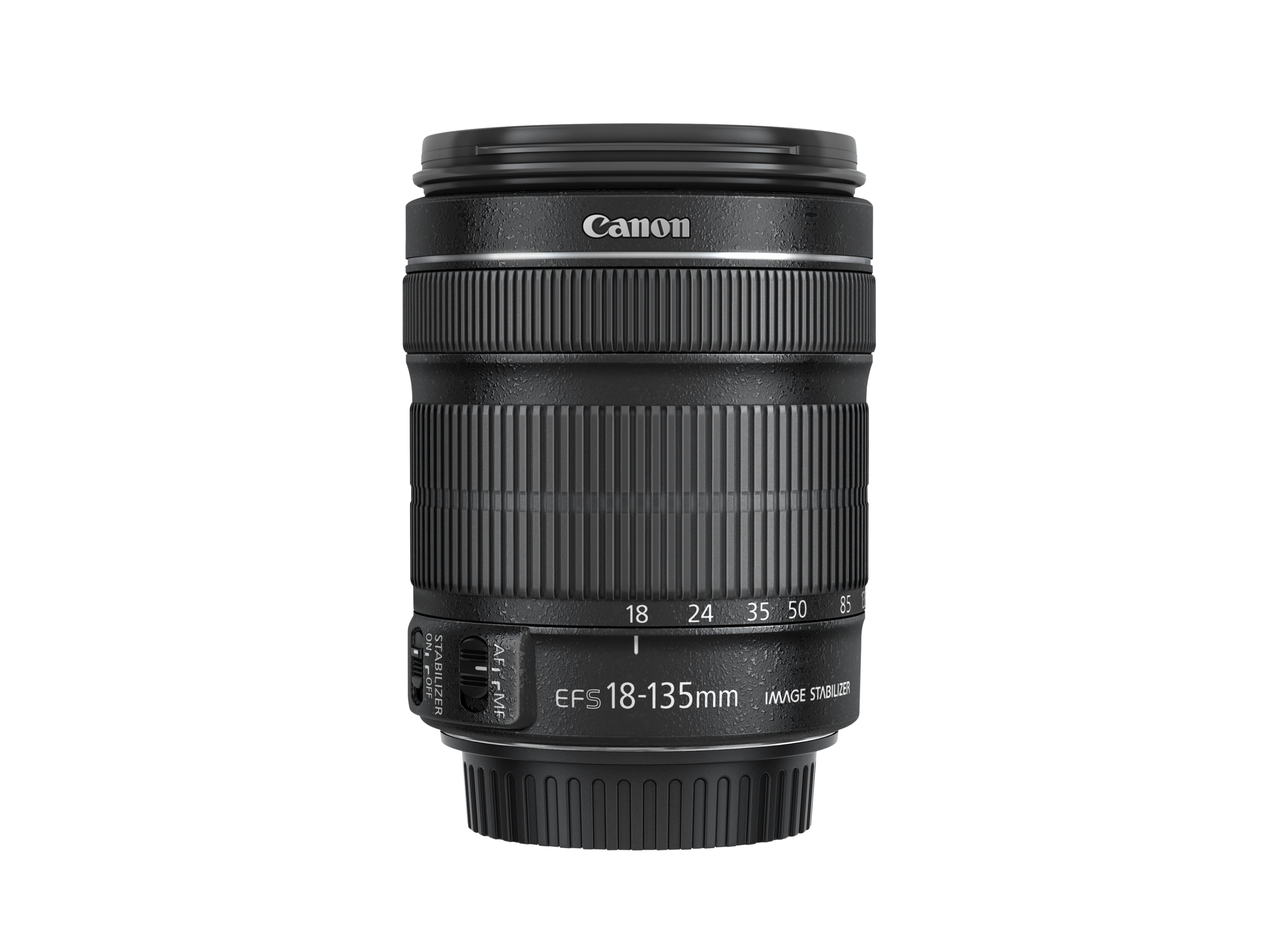 Un obiettivo per fotocamera Canon nero con segni e interruttore di messa a fuoco/stabilizzatore, con 'Canon'.