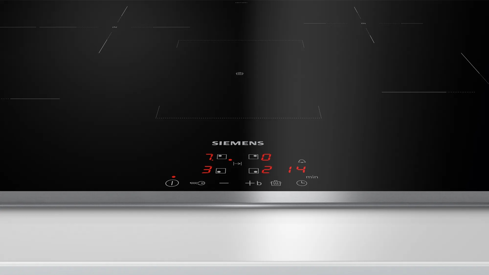 Piano cottura nero con display digitale, numeri e simboli rossi. Logo Siemens.