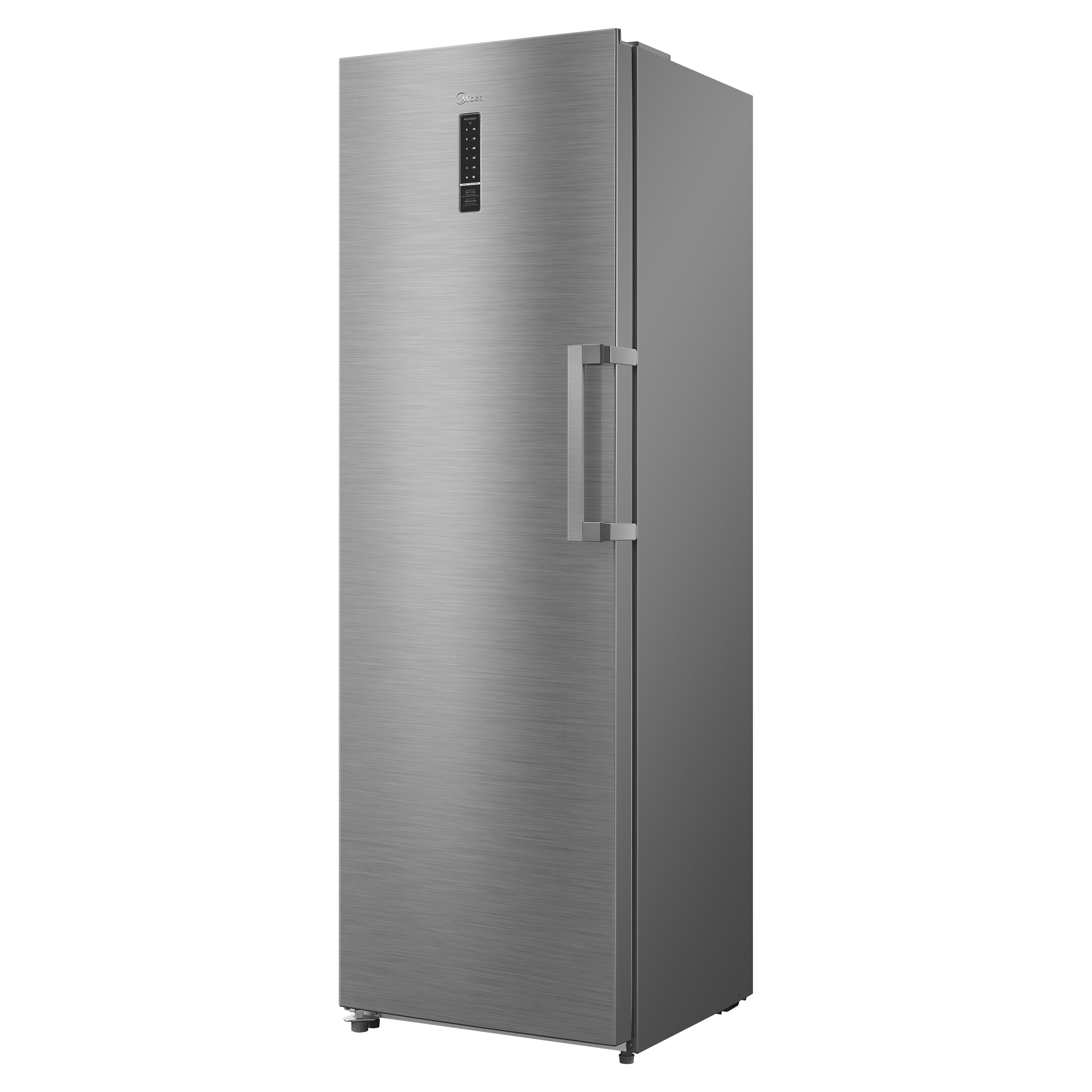 Un frigorífico alto, gris plateado. Tiene un asa y un panel de control en la puerta.