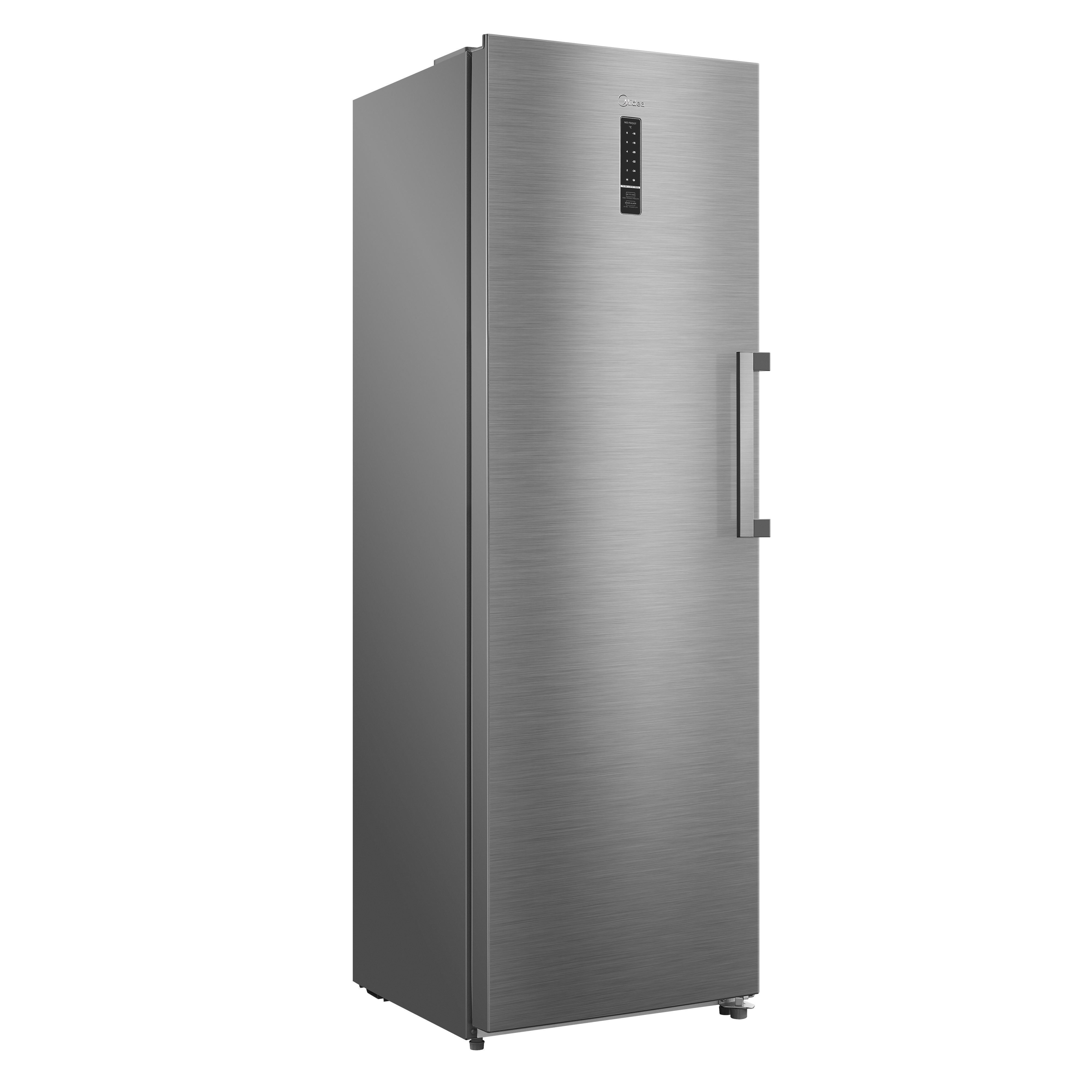 Un frigorífico alto, gris plateado con asa y panel de control en la puerta.