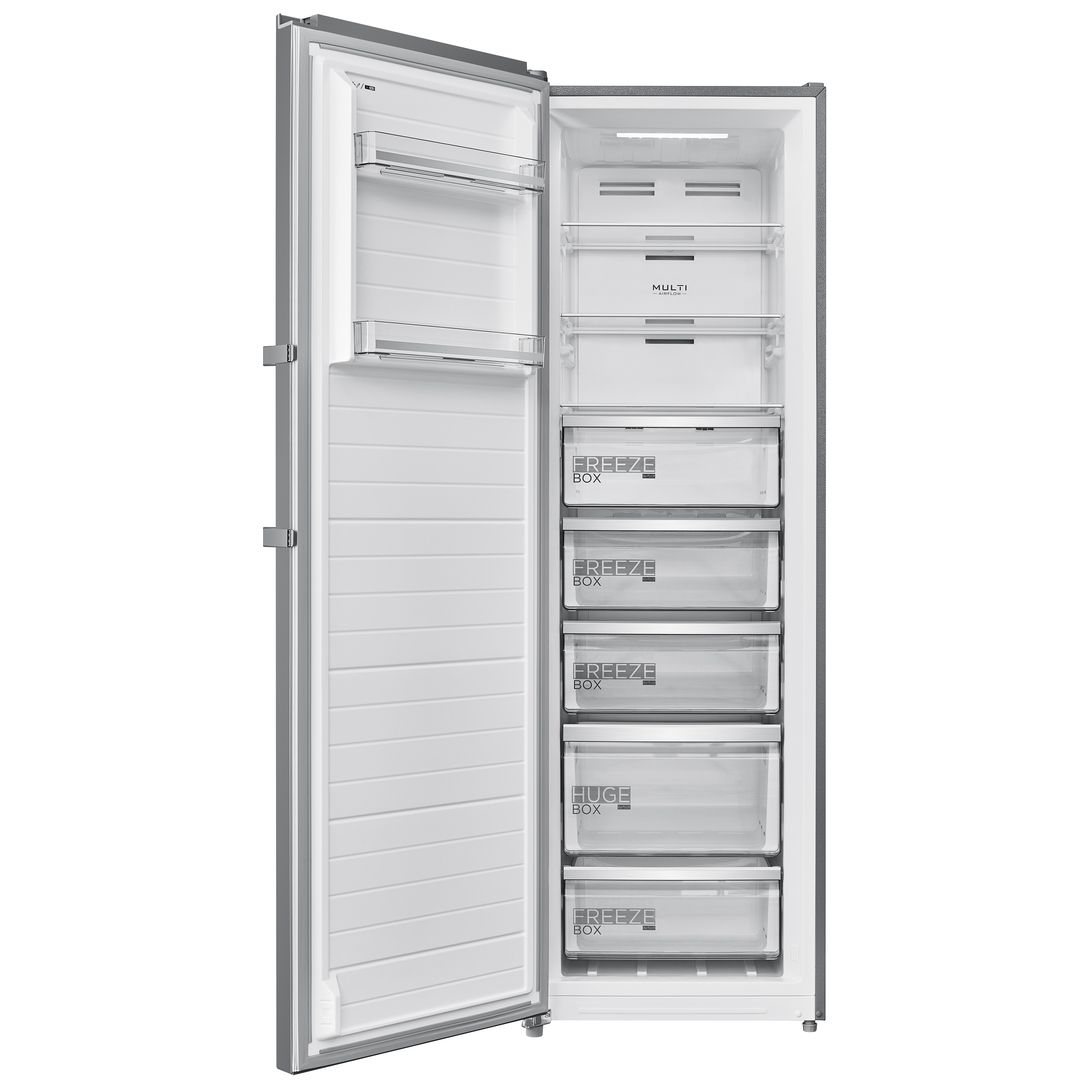 Refrigerador abierto con estantes y cajones. En el interior, tiene contenedores transparentes. La puerta está abierta a la izquierda.
